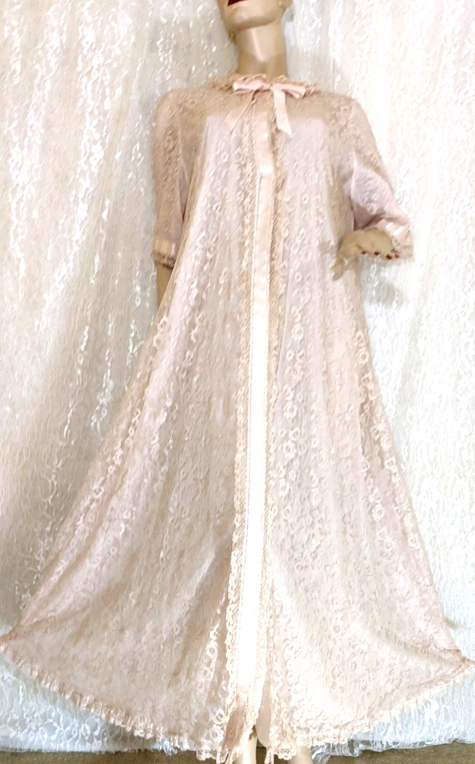 VTG Odette Barsa Lace Overlay Pocket Pink Peter Pan Collar Dressing Gown Robe L