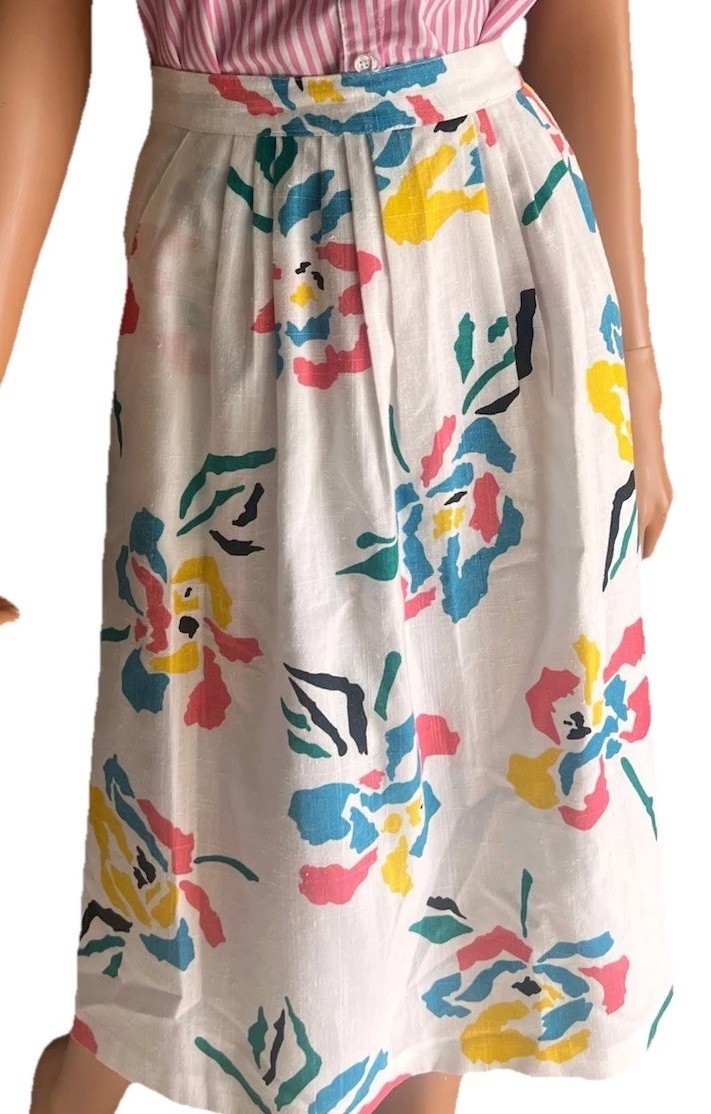 Vintage 80s Graphic Abstract Floral Midi Skirt M/L Rayon Blend —Pockets!