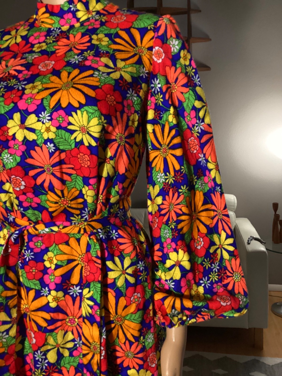 Vintage 60’s Psychedelic Belted Mini Dress Flower Power Floral Hippy Mod Go-Go