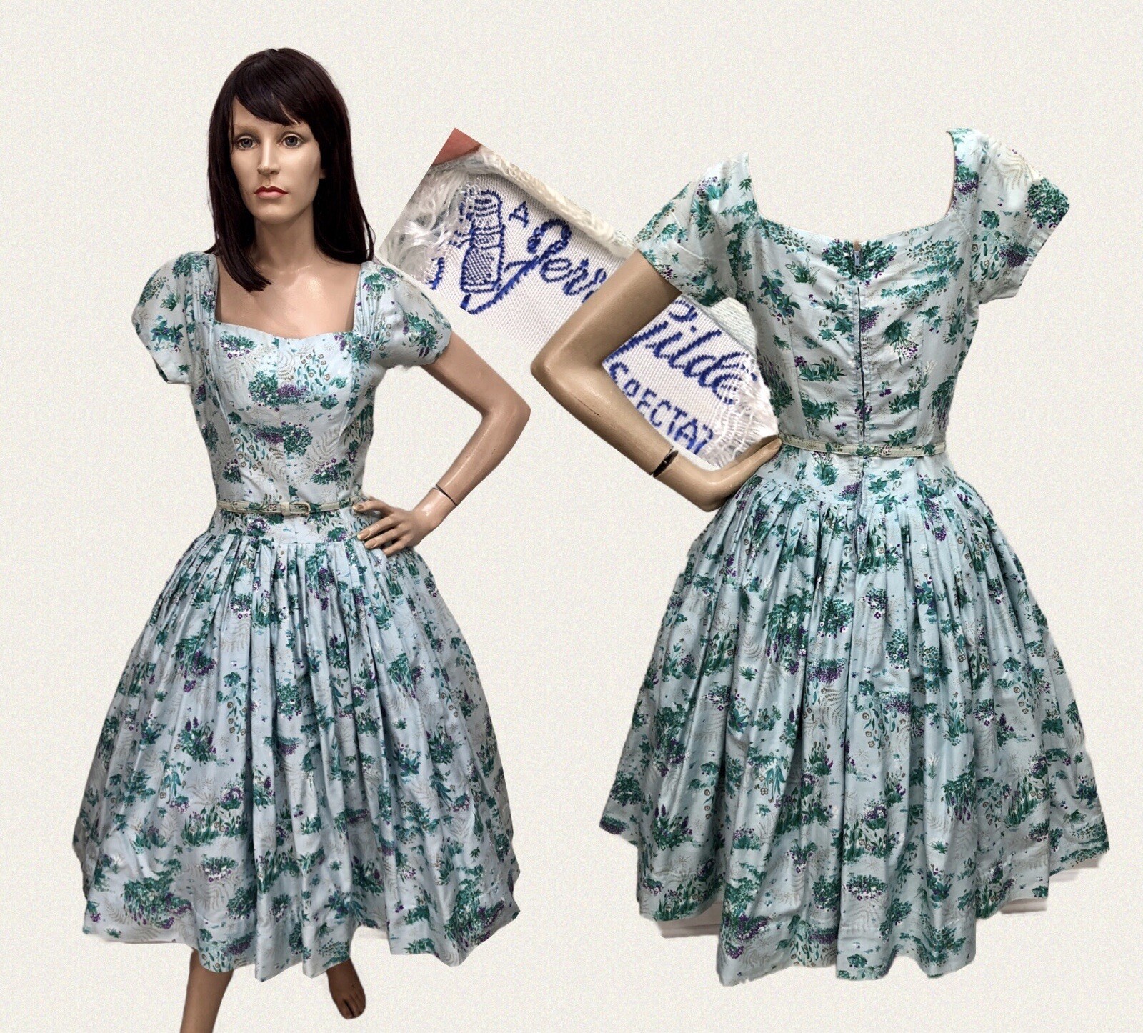 VTG 1940s JERRY GILDEN Polished Cotton GARDEN PARTY DRESS *FOXGLOVE Flower Print