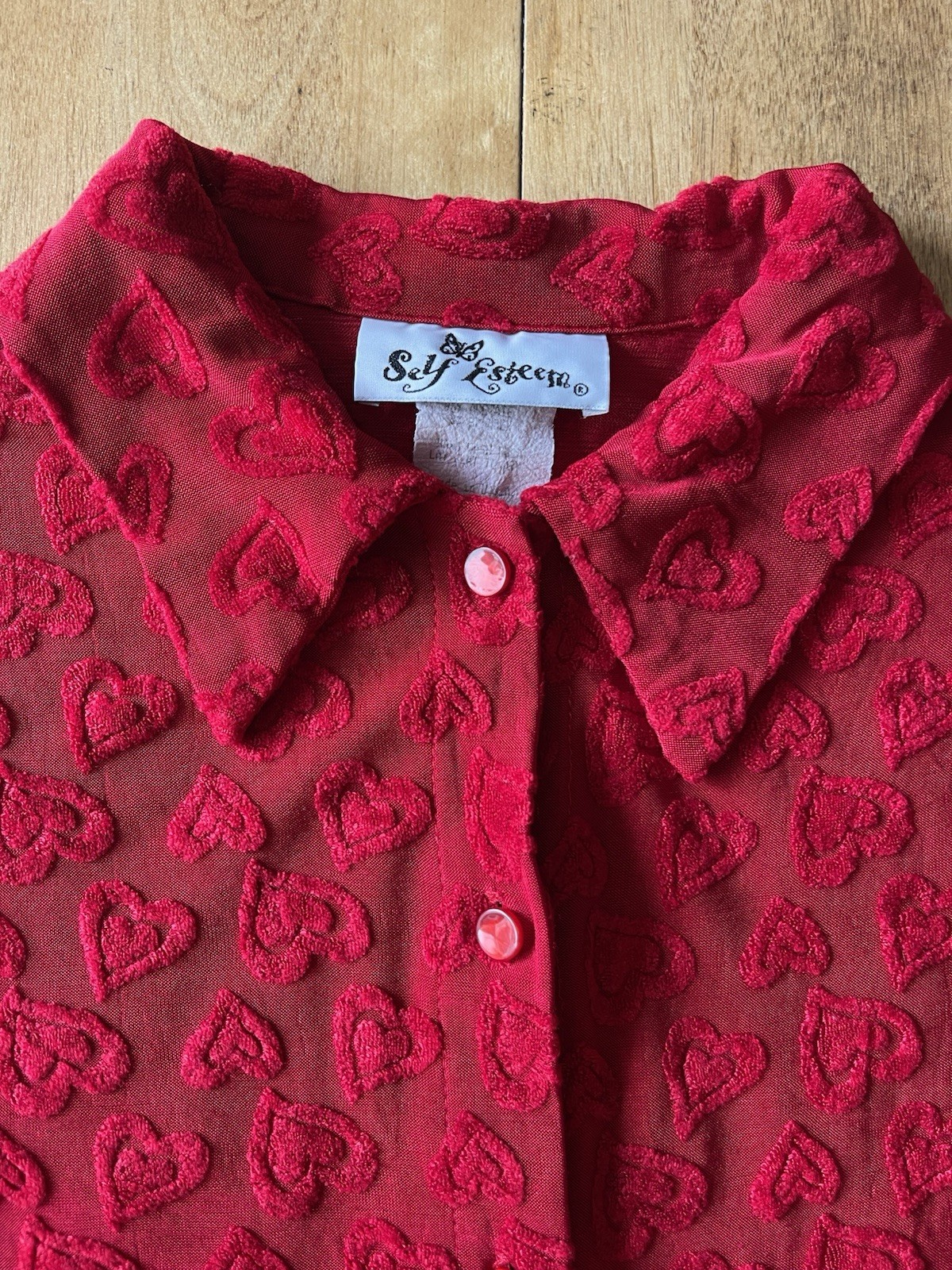 Vintage 90s Self Esteem Heart Print Button Shirt Size Large Valentines Day Y2K