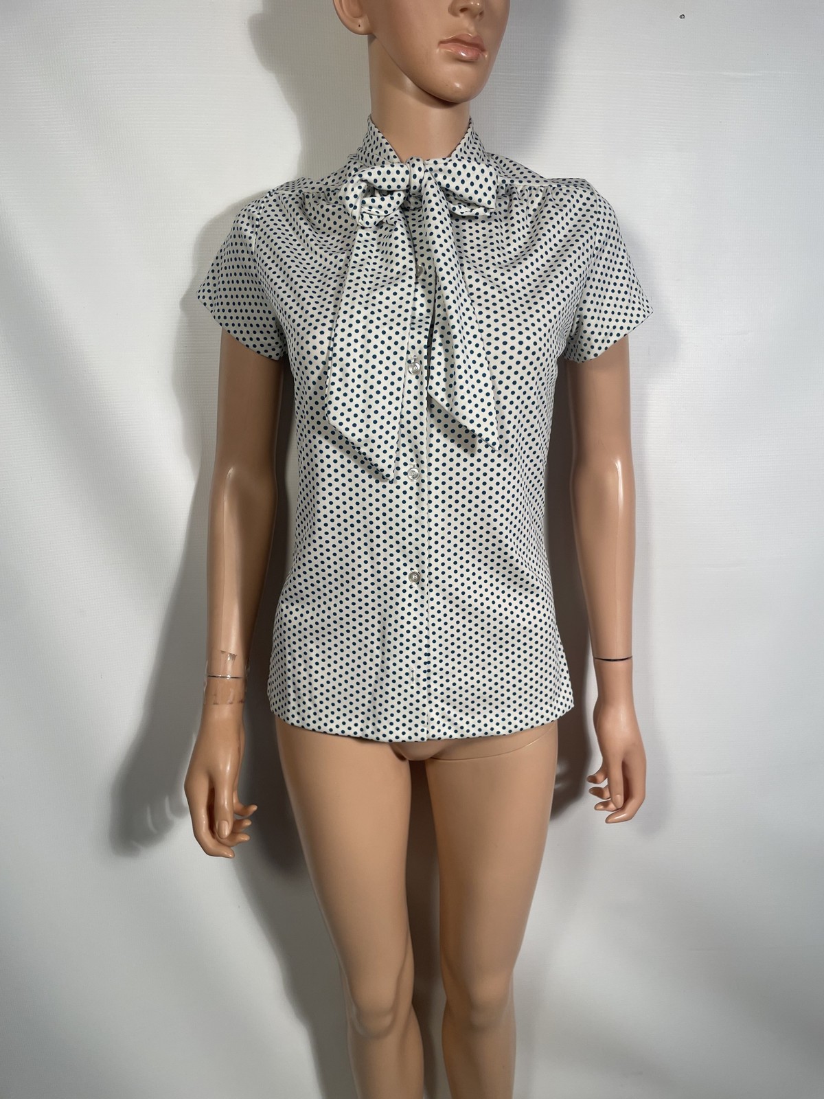 Vintage 1970’s Blue Polka Dot Blouse With Collar Tie Size S