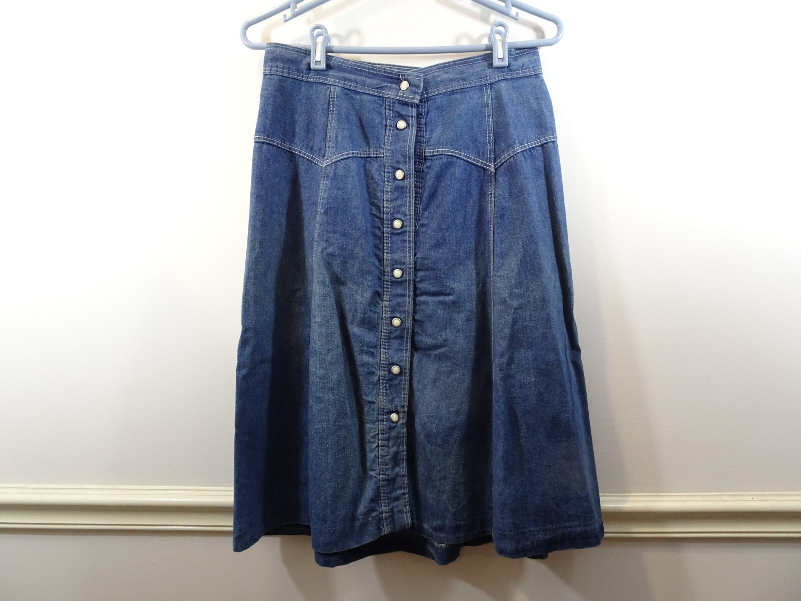 Vintage Miss h.i.s. High Rise A Line Pearl Snap Front Midi Jean Skirt Western
