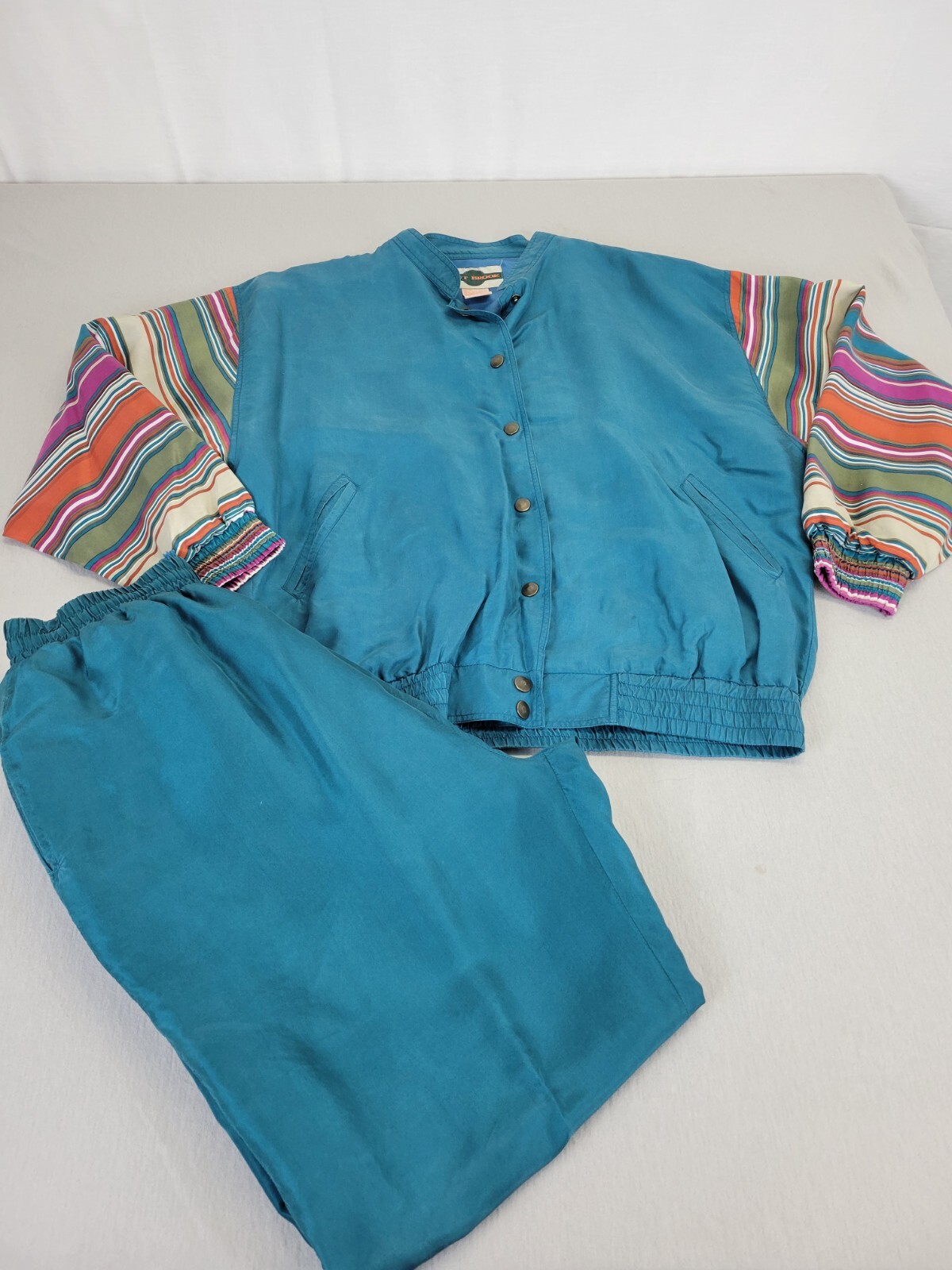 Out Brook Snap Up Track Suit 100% Silk Teal Stripes Boho 80’s Vintage
