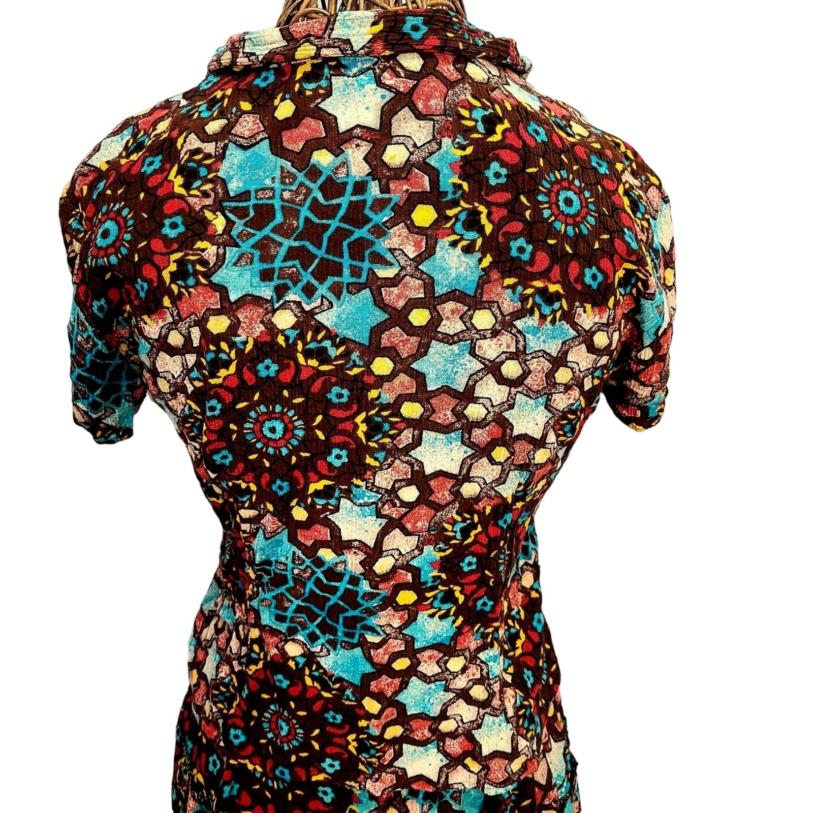 Vintage 90s Colorful Boho Set Women Medium Button Top Shirt Midi Skirt 8 10 Star