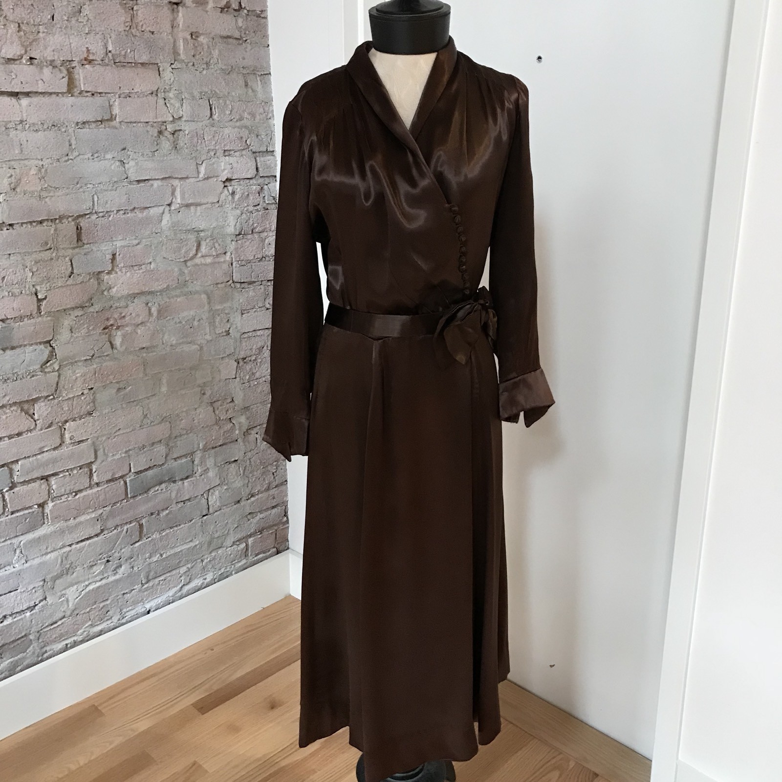 Vintage 30’s Women’s Brown Satin Dress Long Sleeve Matching Cape Macrame Conmar