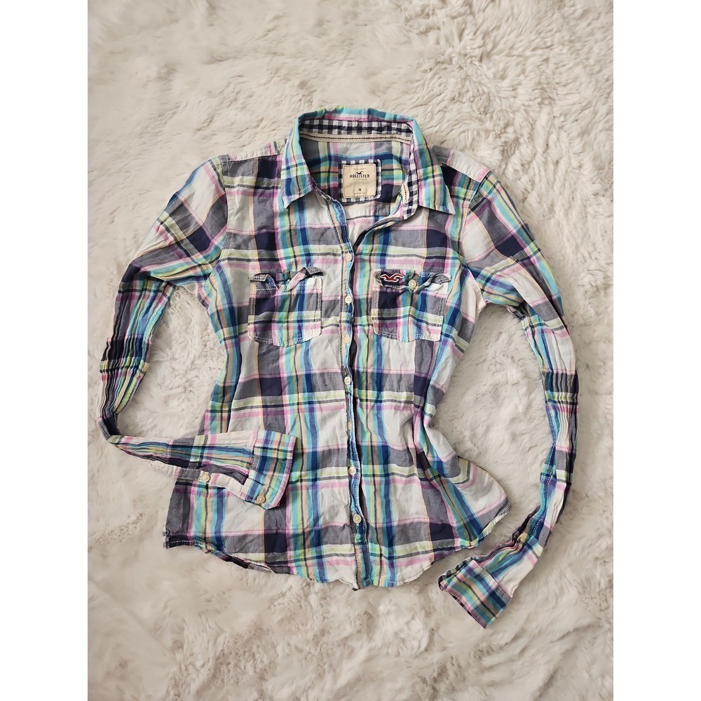 Vintage Y2K Hollister Multi Color Plaid Button Down Blouse Size M