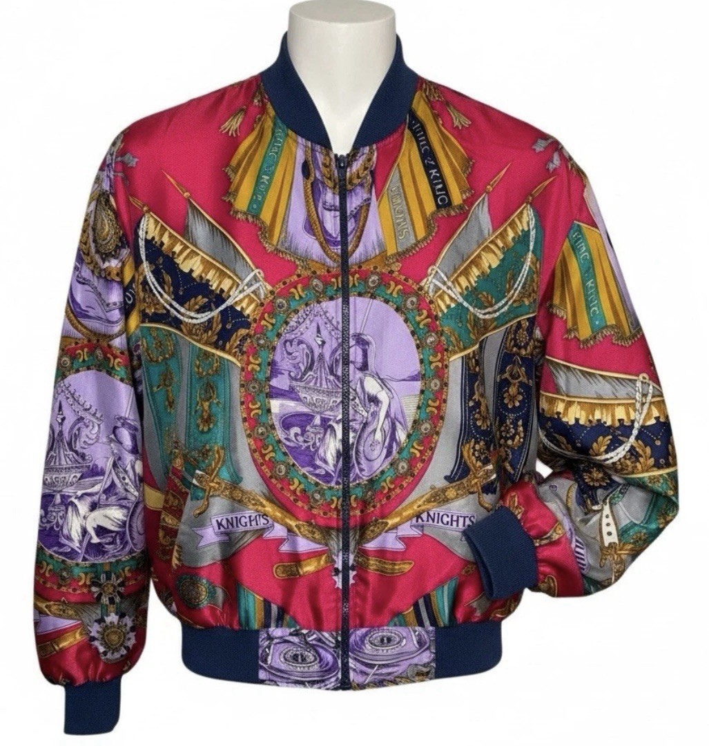 Jacqueline Ferrar Vintage Bomber Jacket Knights Heraldic Satin Oversized
