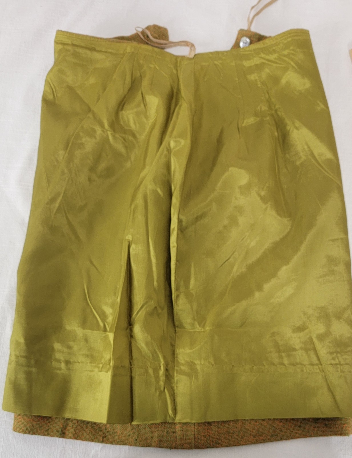 Vintage 60s Mara by Romay Skirt & Vest Suit Set XXS Olive Green Orange Bow Nubby