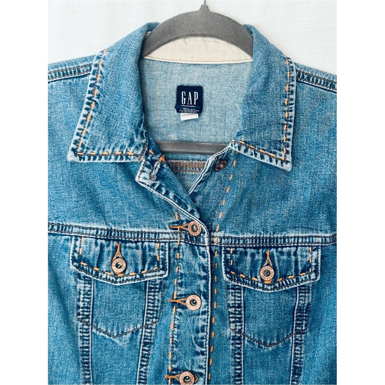 GAP Vintage Y2K circa 2000 Medium Blue Women’s Denim Jacket w/ Orange Stitching