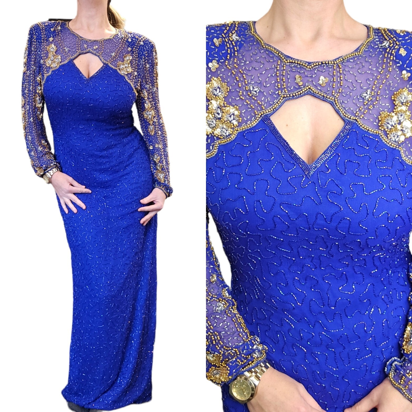 Vintage 80s Royal Blue Silk Beaded Sequins Long Gown Dress Medium 8 10