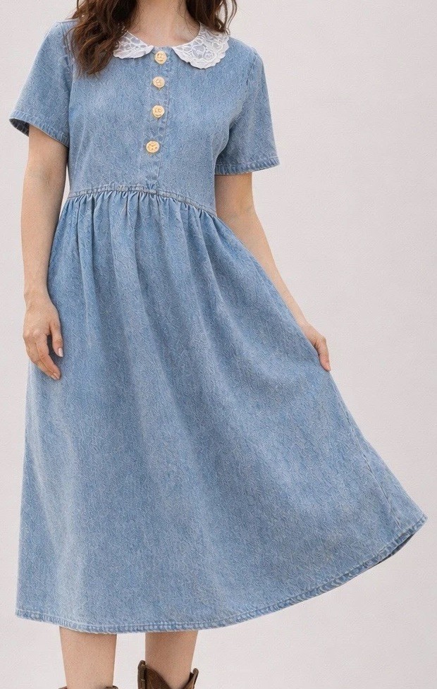 Vtg 80s Denim Lace Peasant Prairie Midi Dress L/XL Satin Rosette Button USA