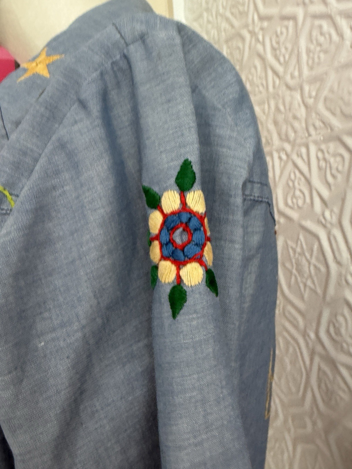 1960s hand embroidered chambray shirt-Boho hippie workwear festival small/medium
