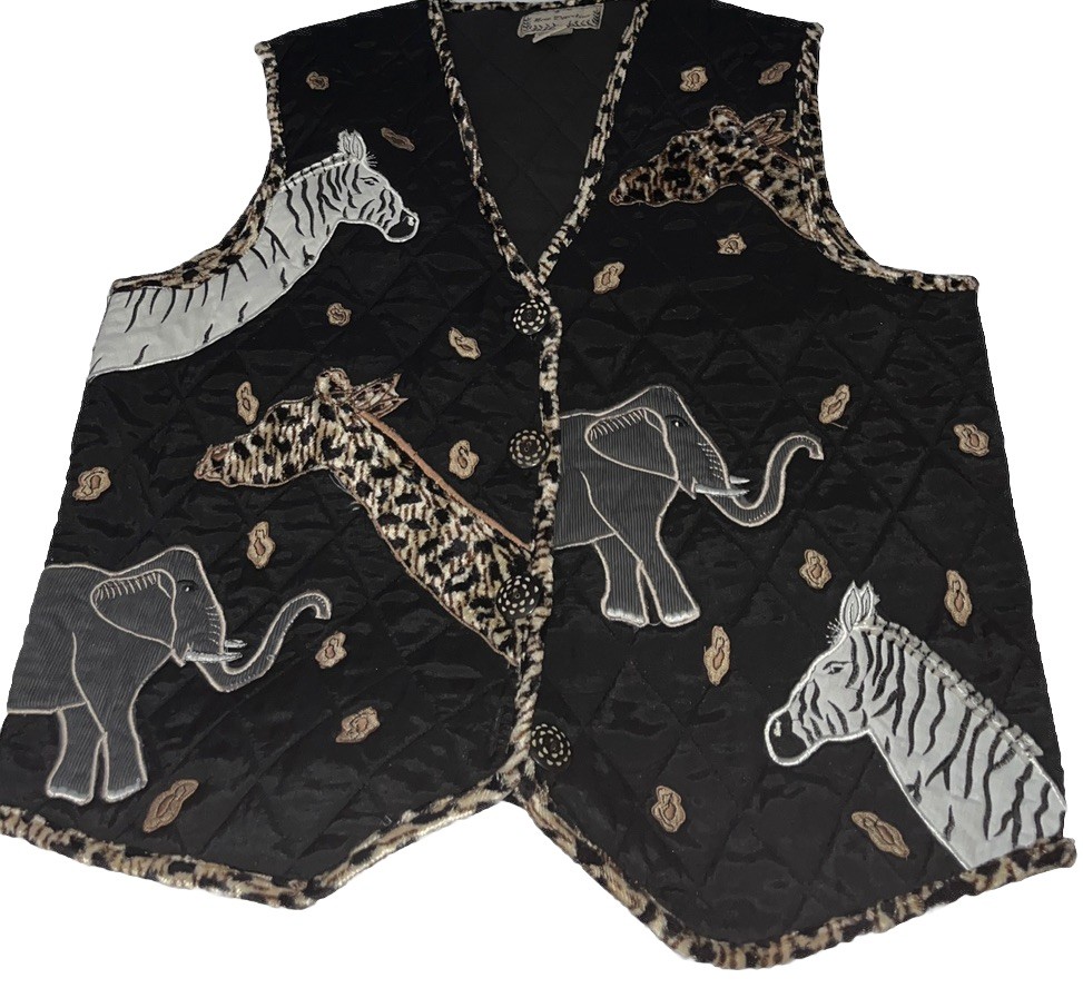 New Direction Medium Denim Safari Animals Vest Lattice Weave Pattern 🐘🐪🦒