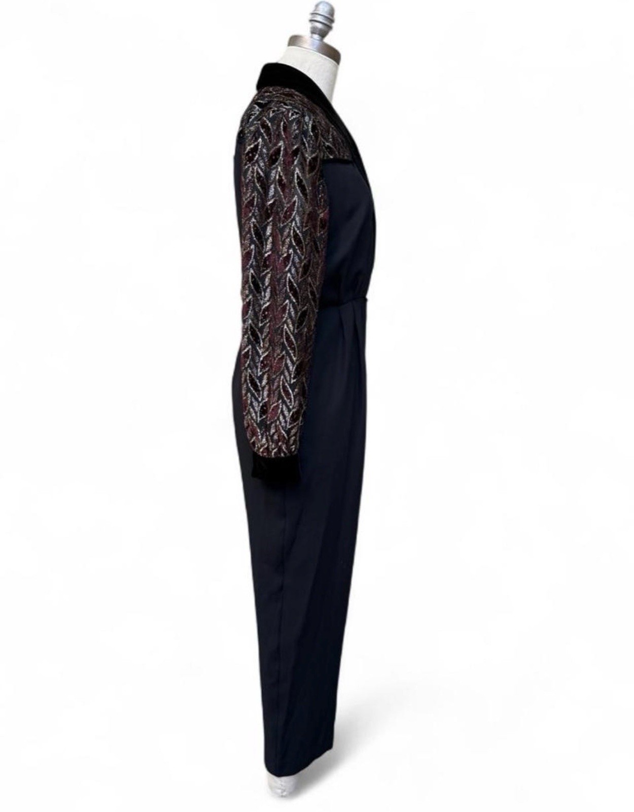 80’s Vintage Cocktail Jumpsuit Collared Burnout Velvet Sleeves Glam New Wave 4p