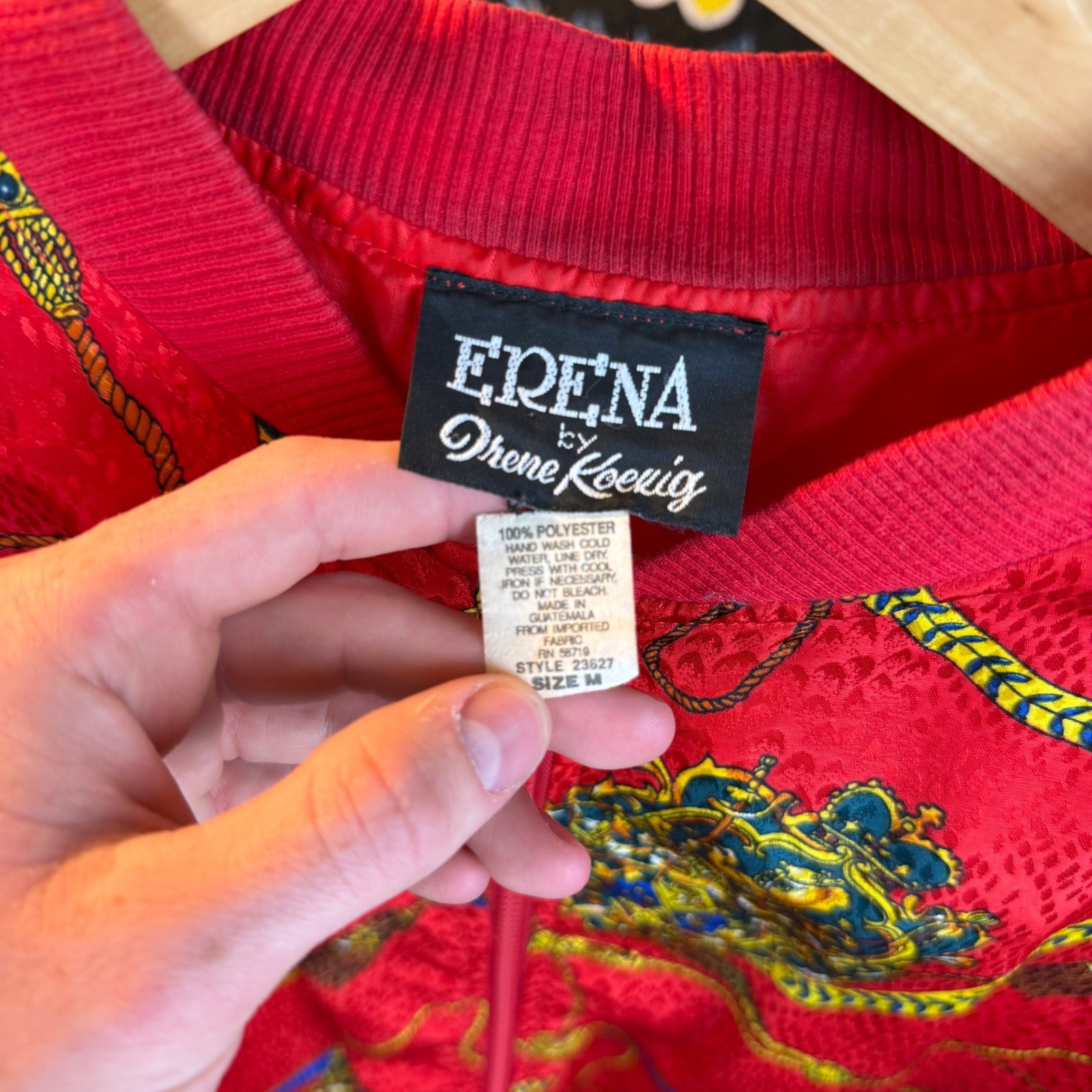 Vintage Erena by Irene Koenig Red Scarf Print Bomber Jacket Crest Gold Chain M