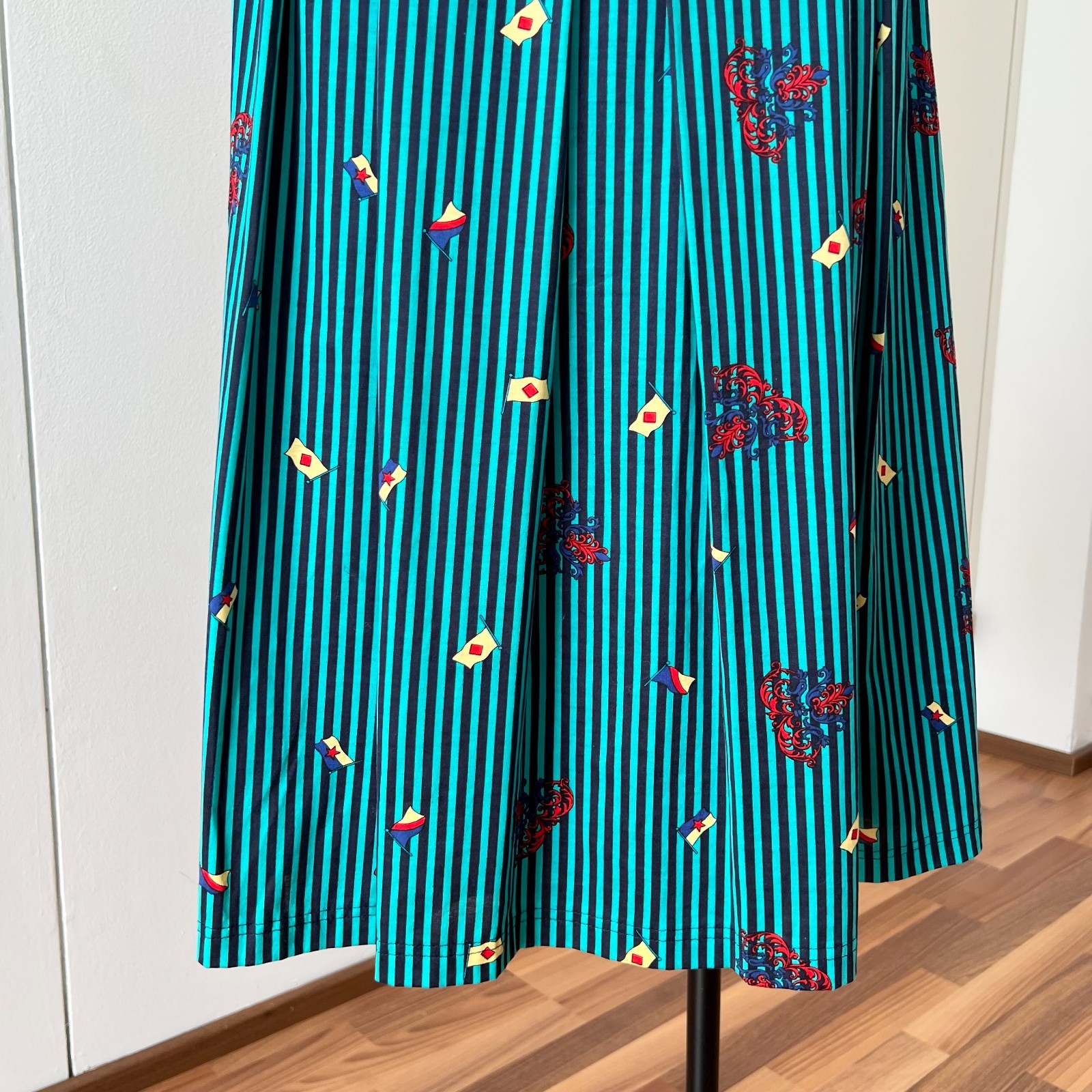 1980s BLEYLE Cotton Pleated High Waist Midi Skirt Preppy Summer Striped Aline 38