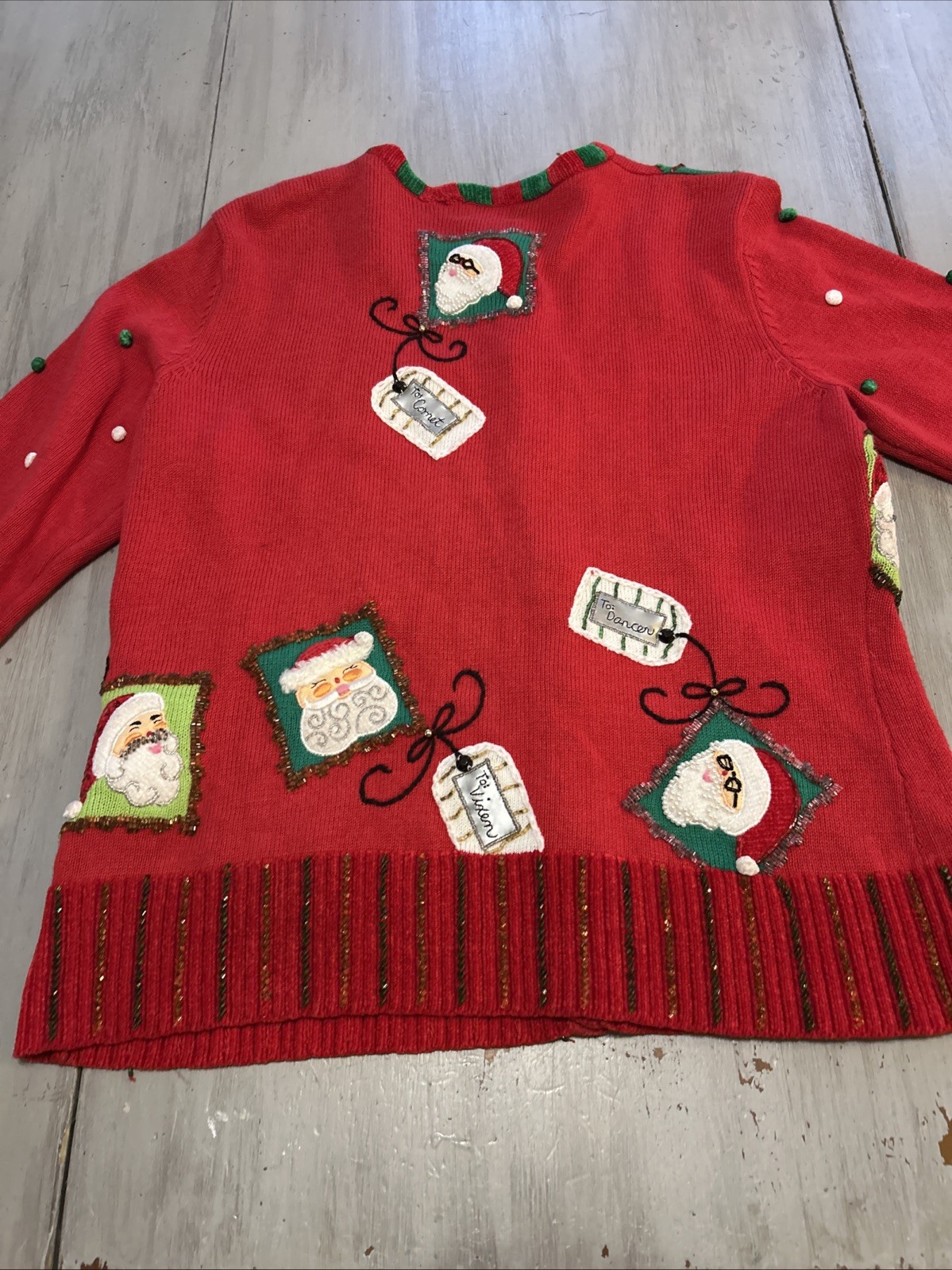 Berek Red Green Christmas Santa Reindeer Gift Tags Beaded Pom Poms Cardigan Sz M