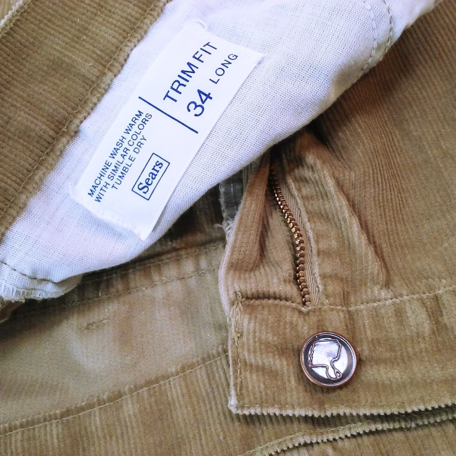Vintage 70s-80s Sears Trim Fit Corduroy Pants 34-Long Western Bootcut Flare Tan