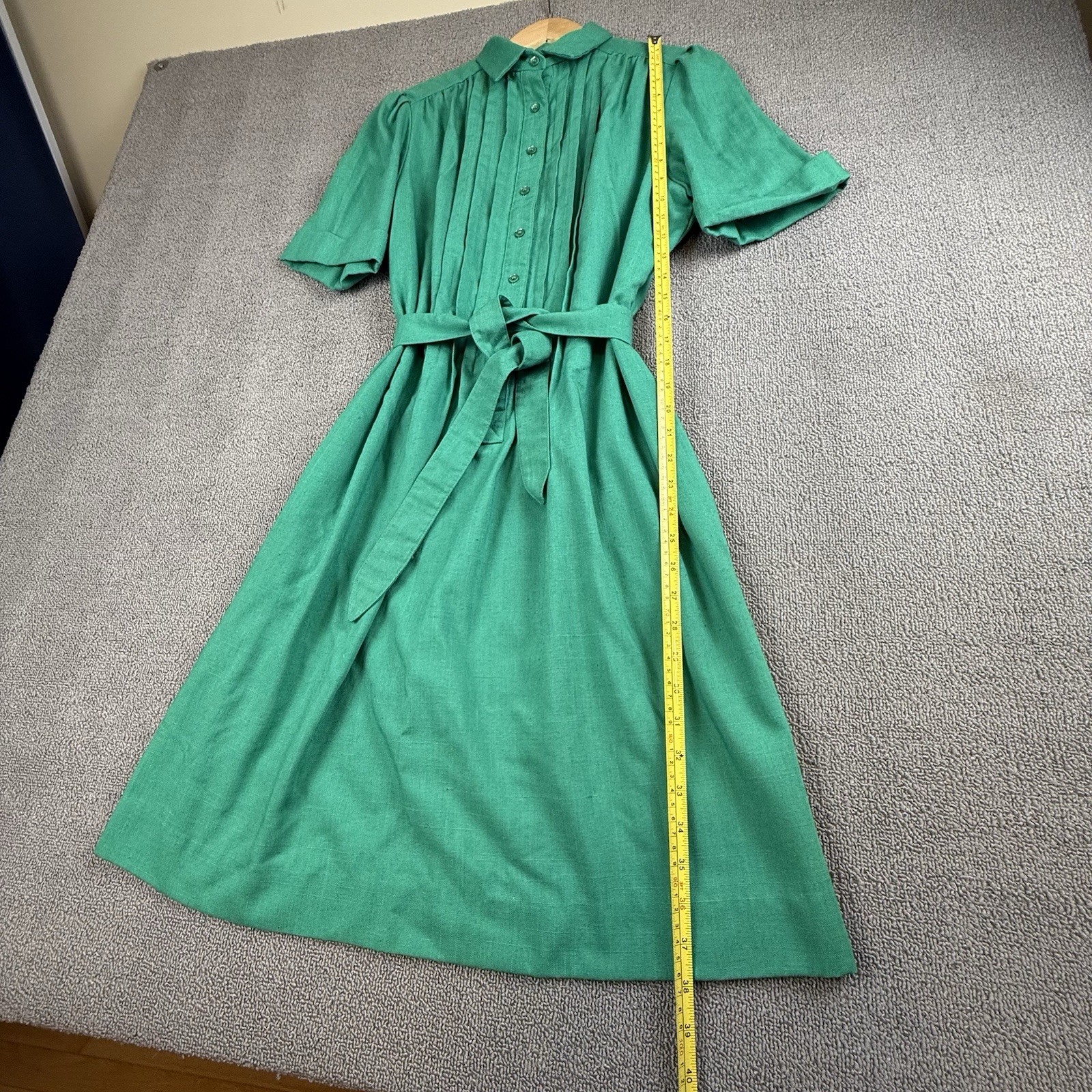 VTG 70s Schrader Sport Green Shirtwaist Dress ILGWU Union Made Pleated Sz 12