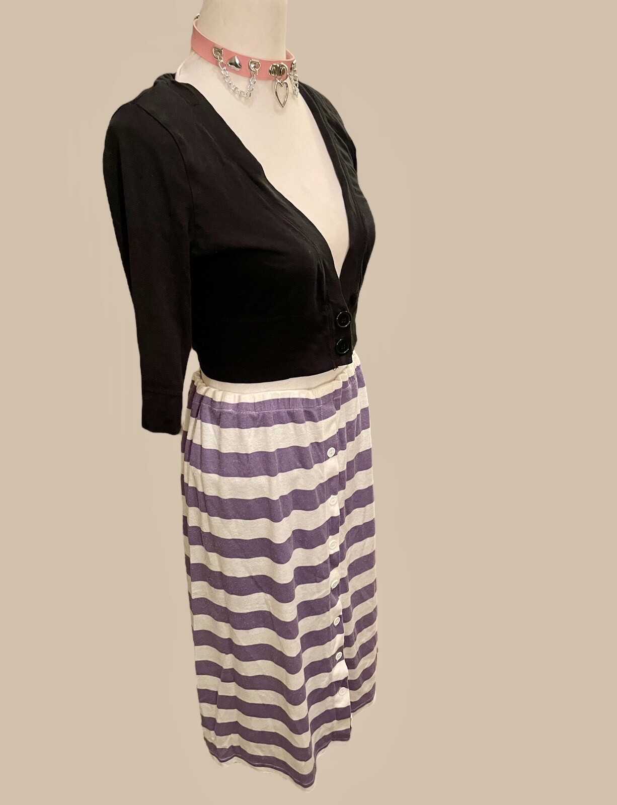 Vintage Skirt Midi 80s Low Waist Striped Cotton Jersey Indie Soft Girl Gen Z M