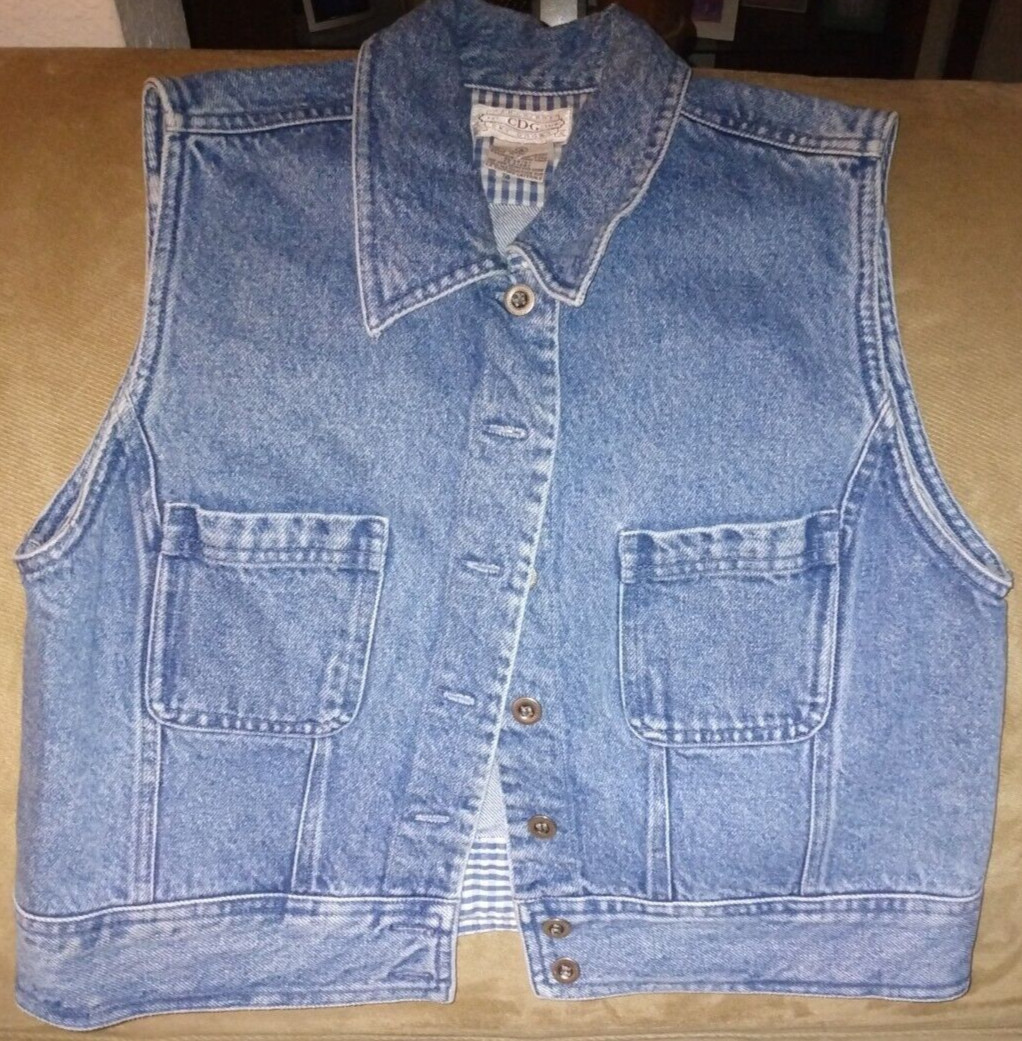 VINTAGE CAMBRIDGE DRY GOODS CDG DENIM JACKET VEST BLUE CHECK TRIM SZ S WOMEN