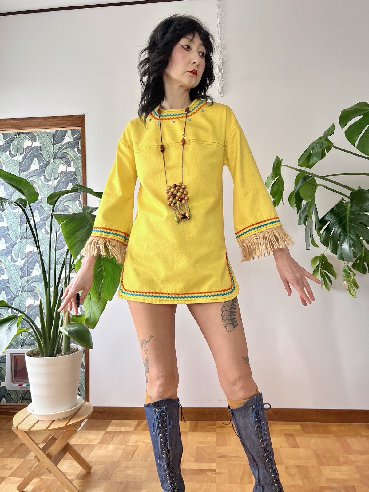 VTG 60s 70s Trivia By Charm Of Hollywood MOD Hippie Fringe Cotton Tunic XS/S