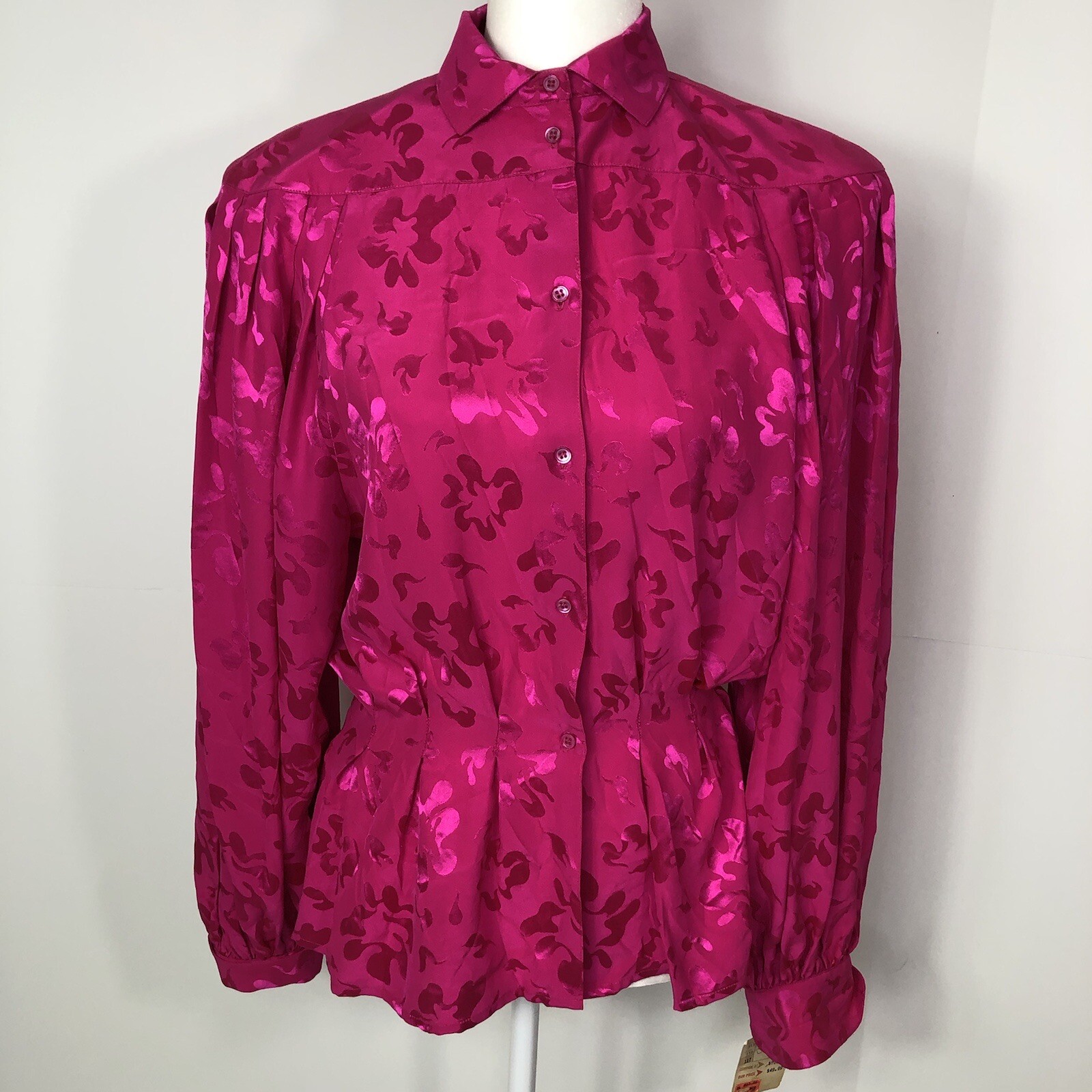Vtg 80s NOS Vanna 100% Silk Top Sz 8 Hot Pink Puff Balloon Sleeve Fitted Waist