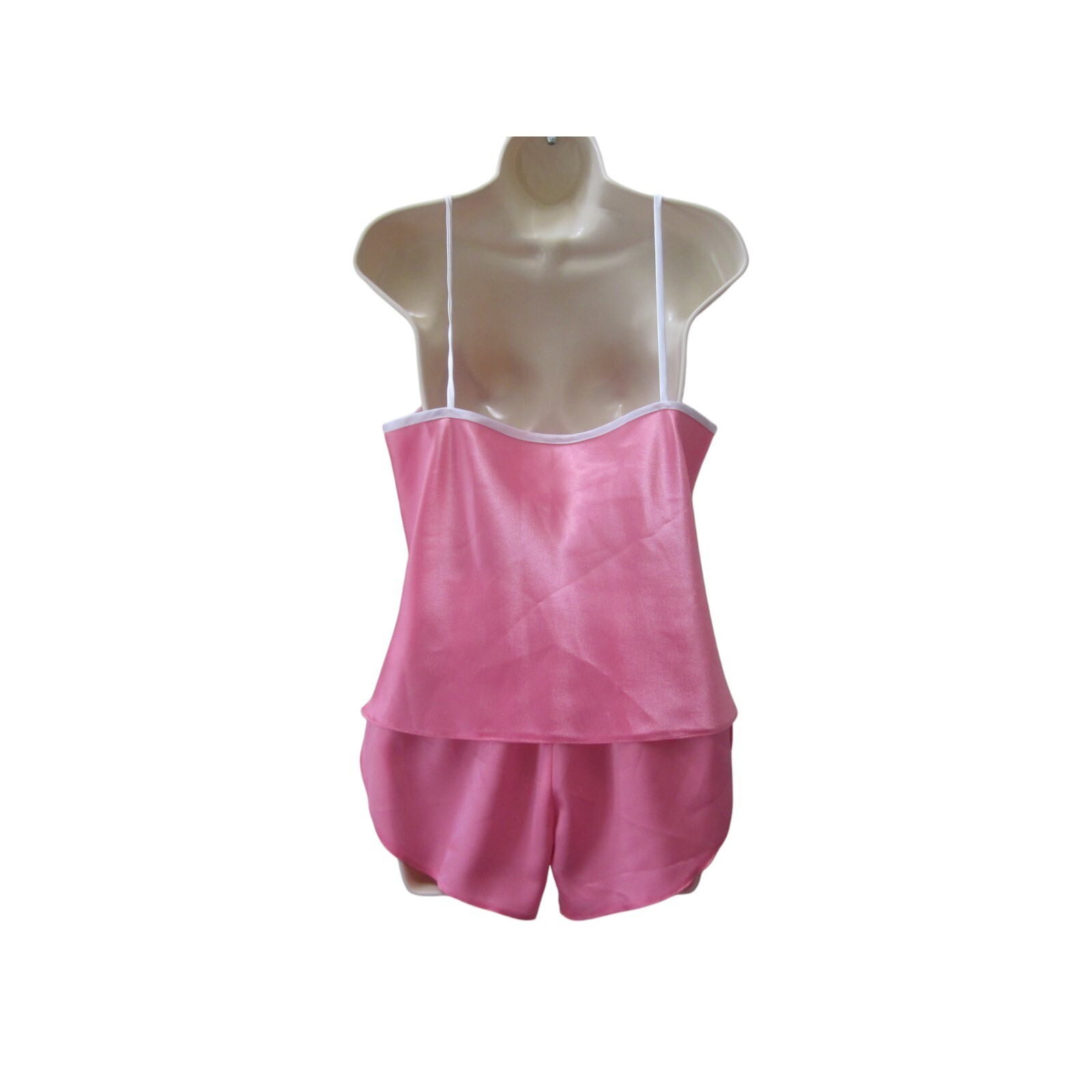 GQ TAILOR SHOP 3 Pc Pink & White Satin Robe Top Shorts Pajama Outfit Sz S