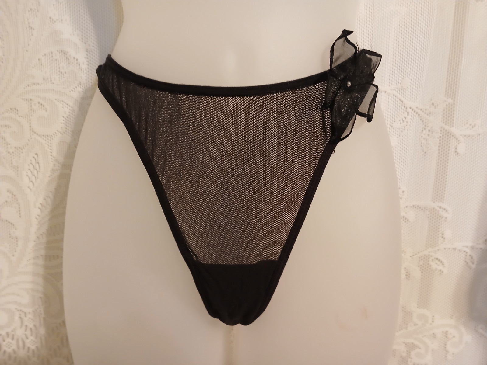 Vintage Secret Treasures Black Sheer Chiffon Flower G-String Thong Panties S