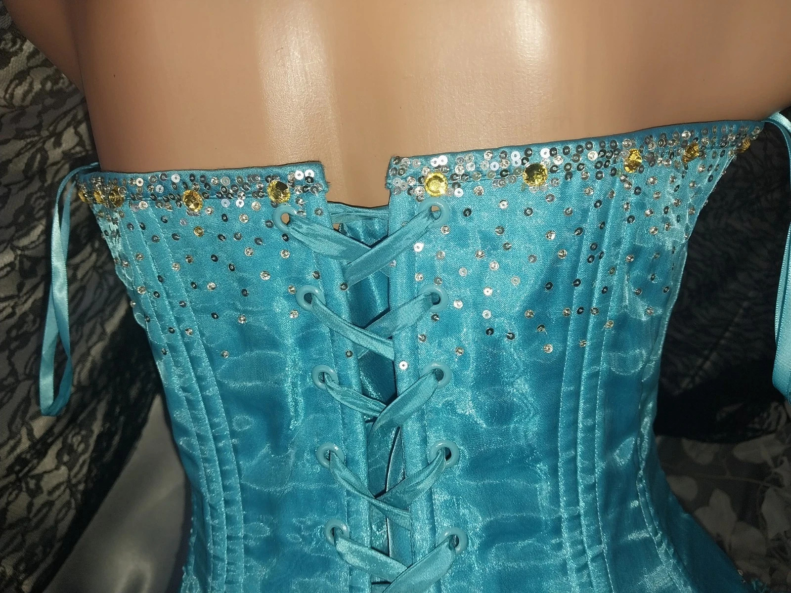 VTG Satin Burlesque Corset SHOW GIRL Skirt Set Drag AVANT La Cage Blue Dress