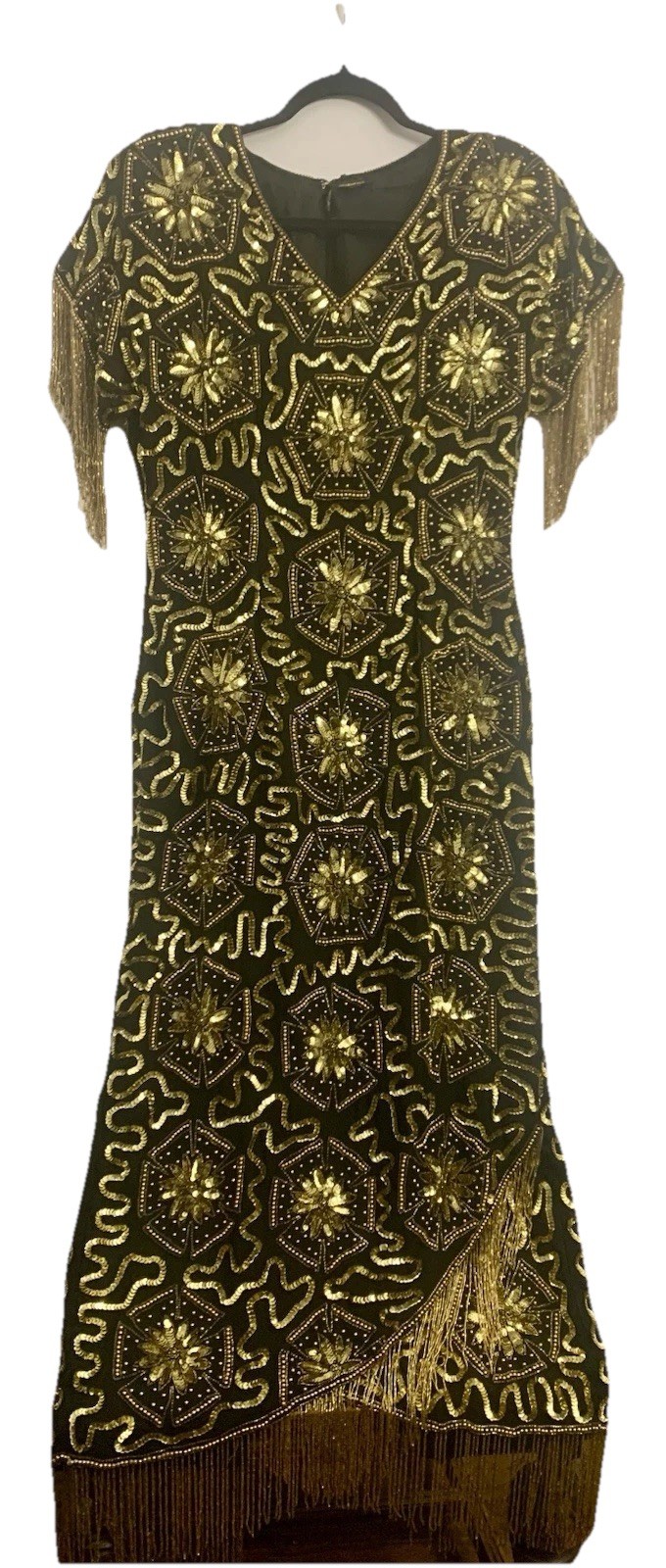 Black/Gold Beaded Vintage Sequin Evening Gown Long W/Beaded Fringe Sleeves/Hem L