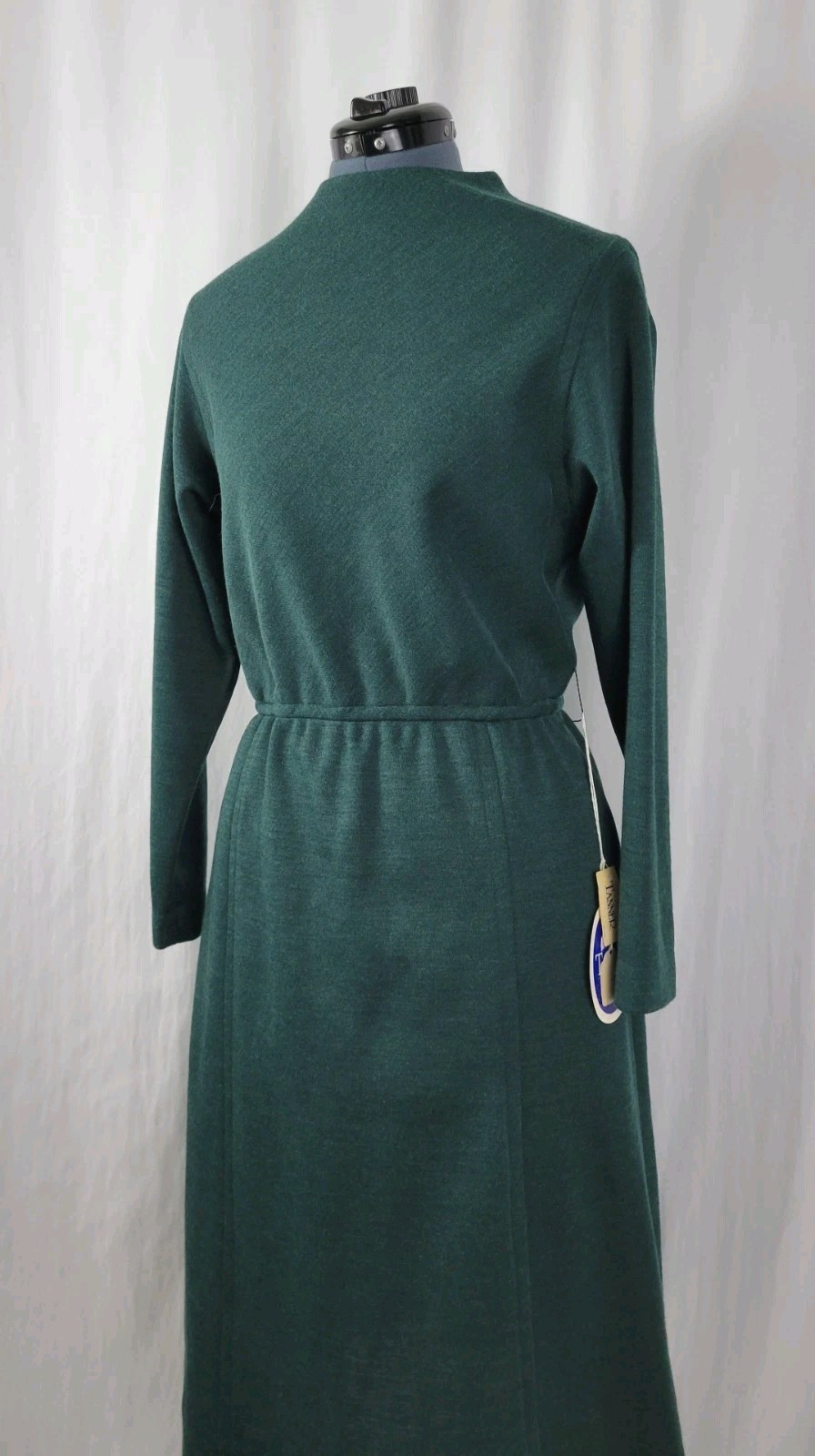 Vintage Tanner Green Wool Blend Blouson Dress w Elastic Waist Size 14