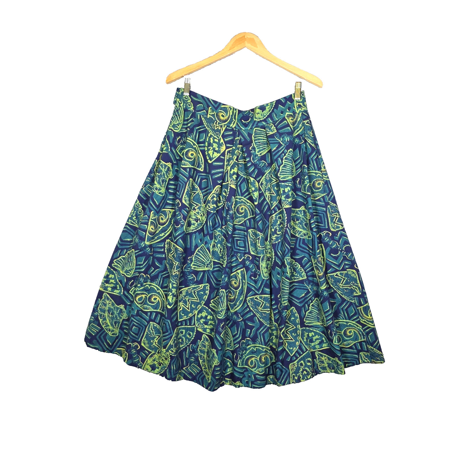 Vintage Abstract Geometric Print Midi Skirt Teal Green Pleated Full A-Line 30W