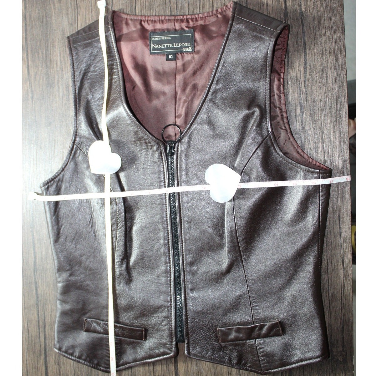 Vintage Nanette Lepore Brown Leather Fitted Vest Top Flattering Black Zipper 10