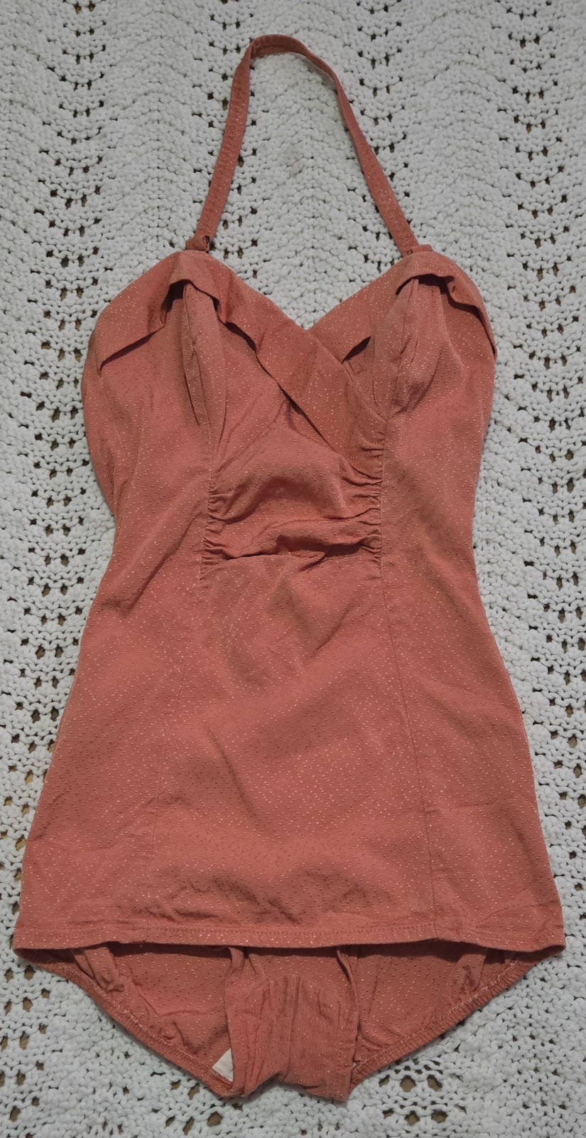Vintage 1950s JANTZEN VAMP Women Pin Up Swim Suit Ruched Boning Sz 12 Coral Dots
