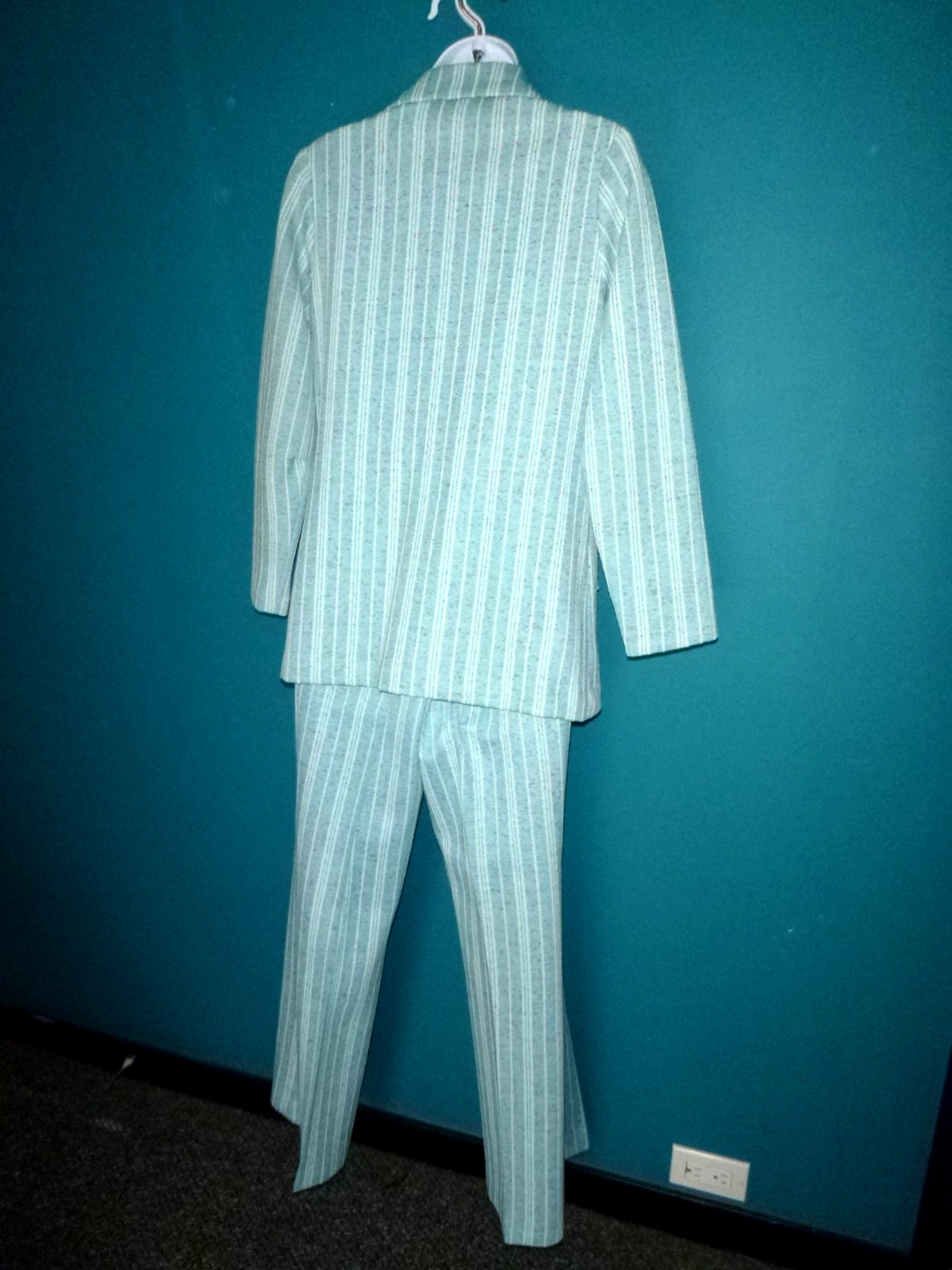 Vtg 70s Graff Textured Stretch Poly Pant Suit Aqua Colored Flecks Sz S