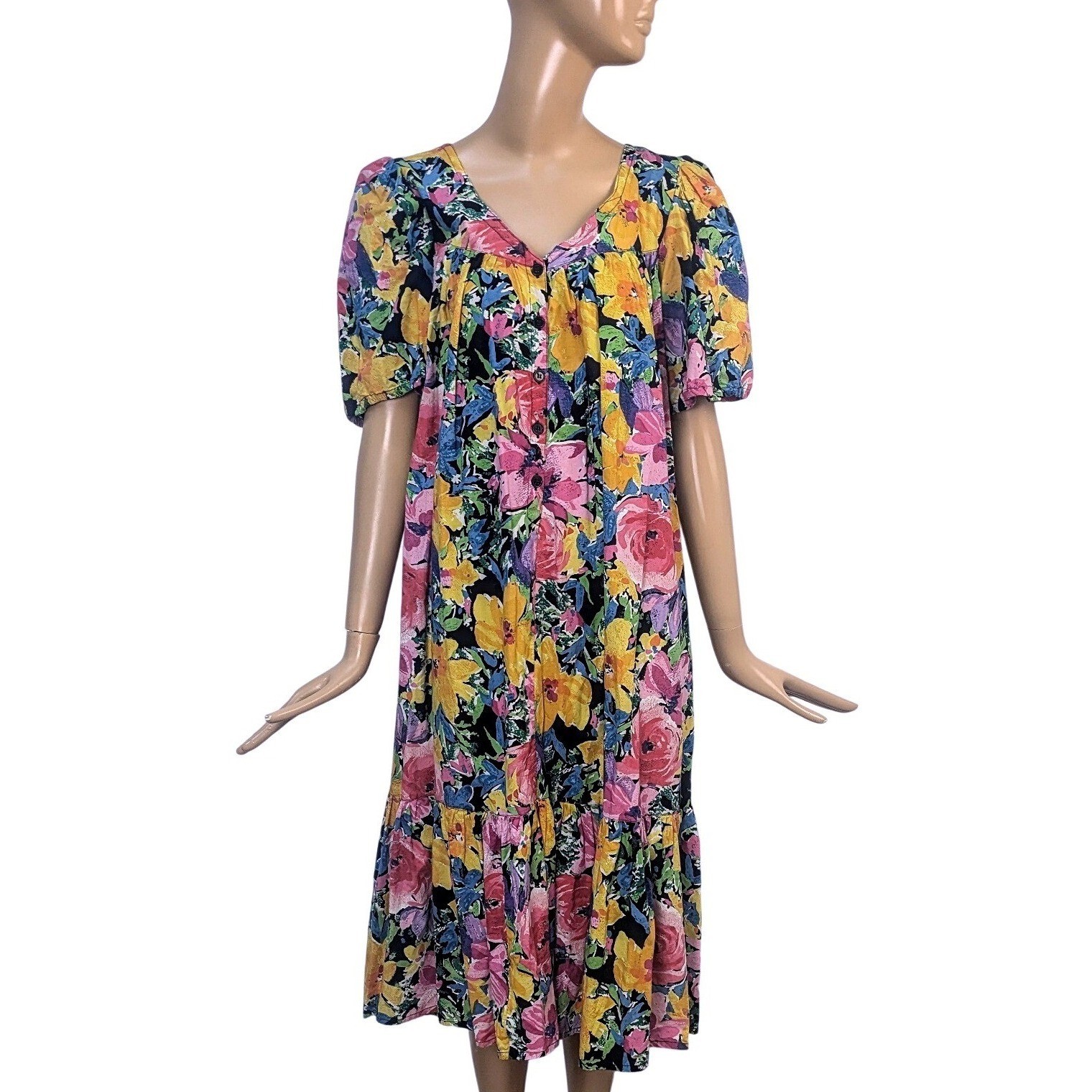 Vintage Star of India 70s Bright Multicolor Floral Cotton Dress Puff Sleeve Sml