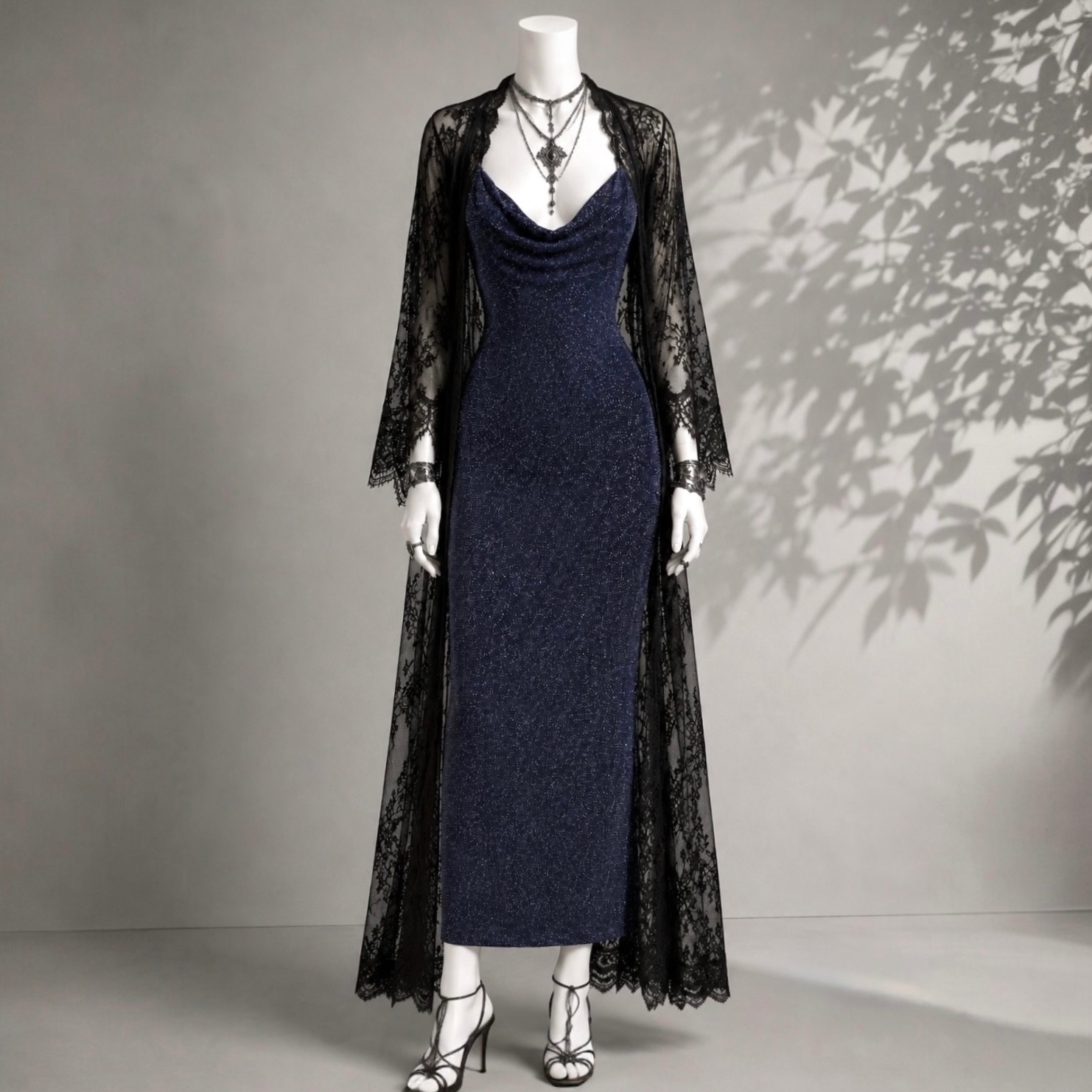 Vintage 90s Evening Dress Jodi Kristopher Navy Glitter Sparkle Maxi Slip XS / S