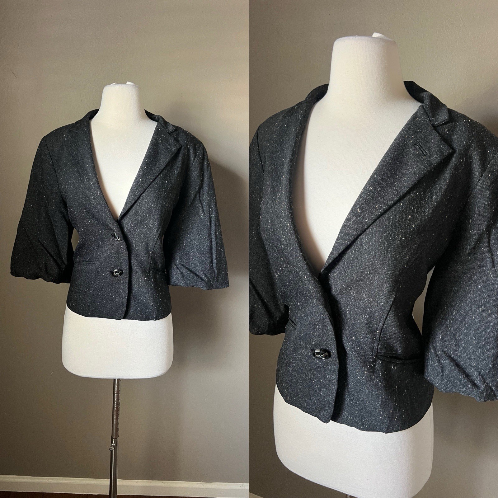 Vintage Y2K Blazer Size 10 Womens Gray Tweed 3/4 Sleeve Jacket Career Bubble Hem