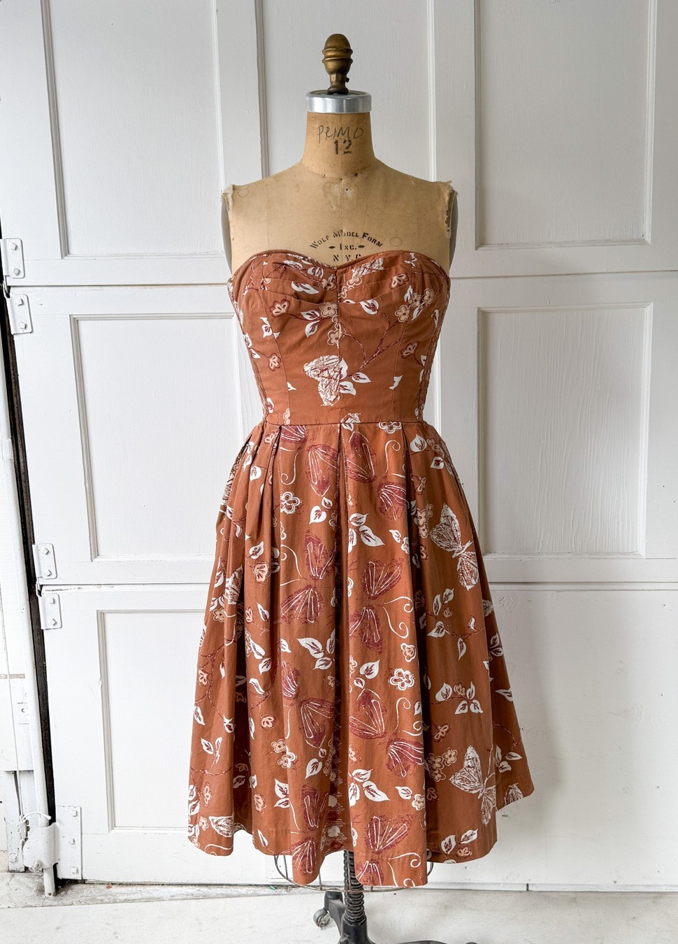 Vtg 50s Kahala Hawaiian Butterfly Moth Halter Strapless Pin-Up Dress Full Skirt