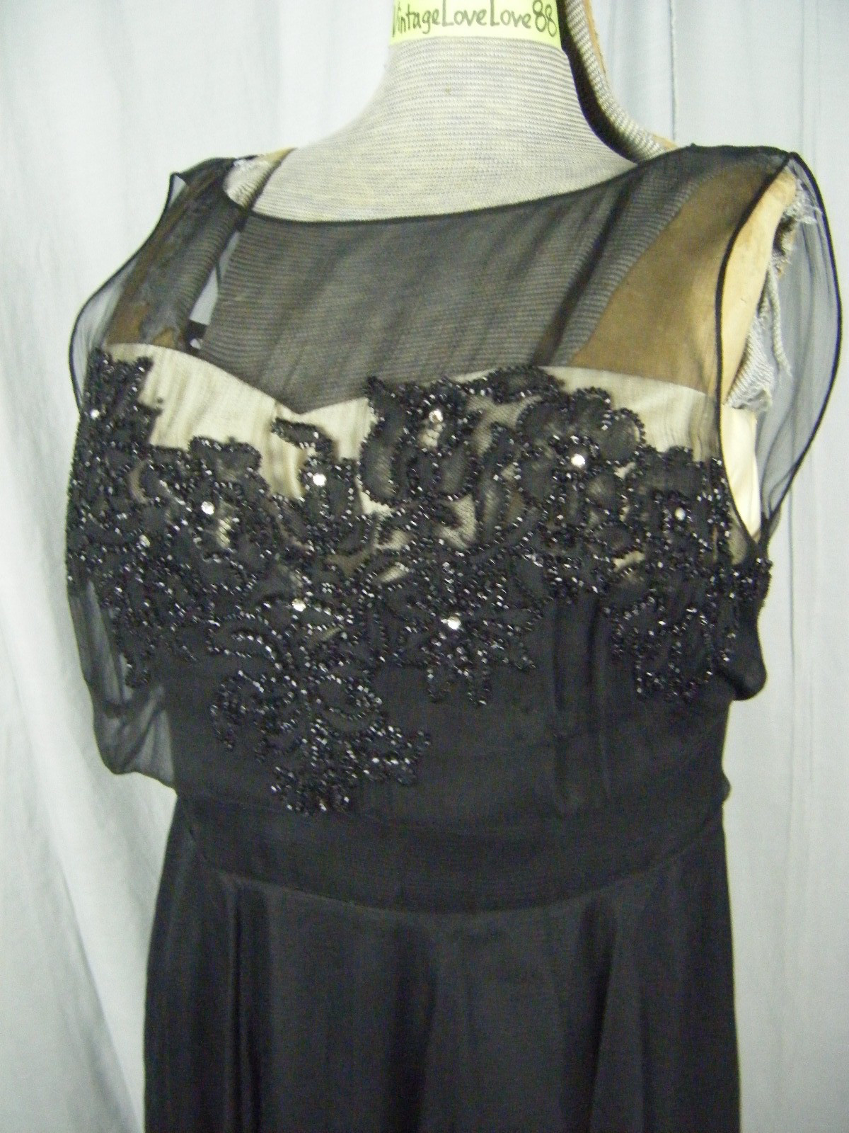 Vtg 50s Illusion Black Chiffon Beaded Ivory Bodice Party Dress-Bust 39/M