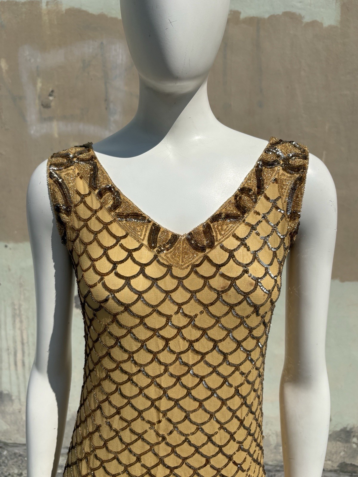 Vintage 1920s Flapper Dress Gold Sequin Silk Chiffon Fish Scale Beaded Gatsby S