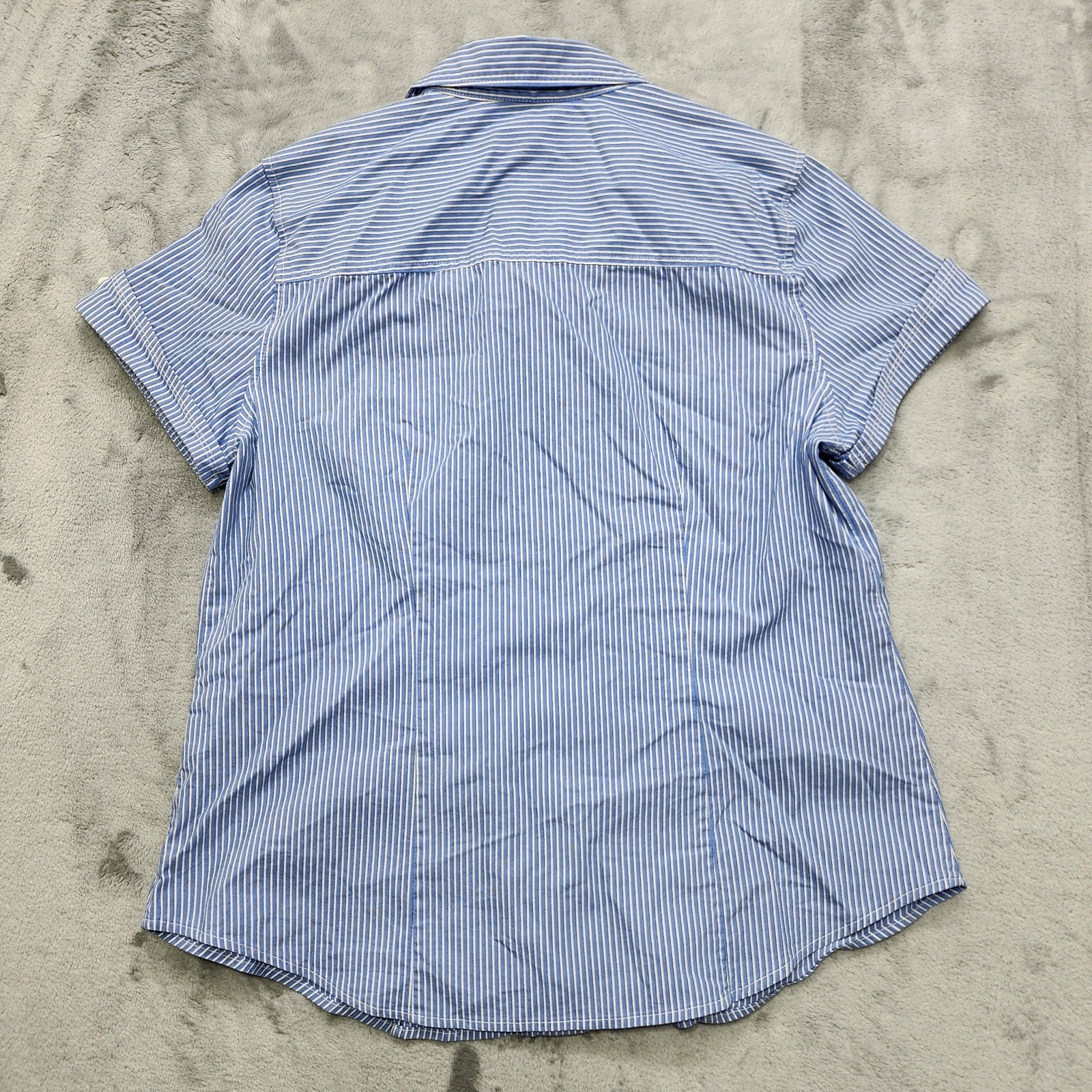 Vintage 90s Liz Claiborne Top Womens M Blue Striped Stretch Cotton Button Down