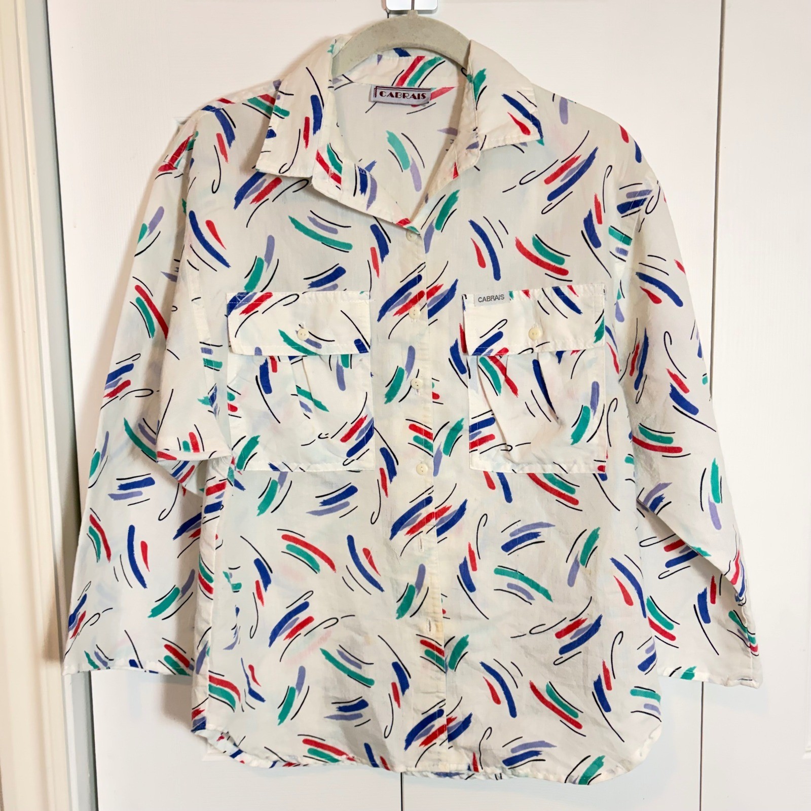 Cabrais Vtg 80s Abstract Brushstroke Button Shirt White Multi L Retro Nostalgia