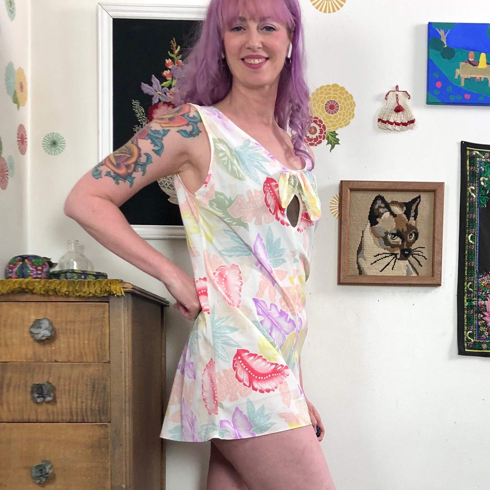 Vintage Floral Lingerie Romper, Sz M Pastel Tropical Print Step In Teddy