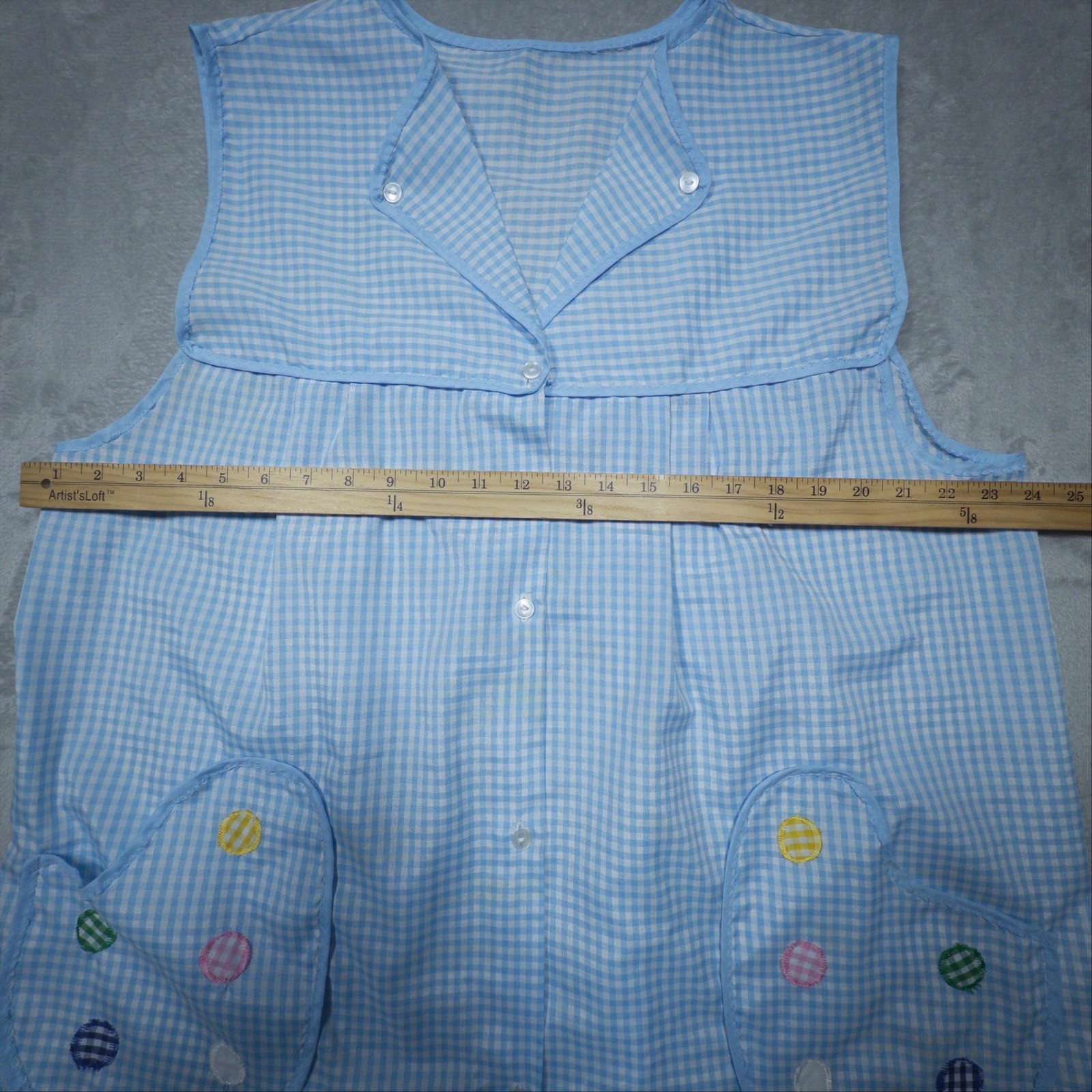 Vintage 1960s Blue Gingham Cotton Smock Top Polka Dot Pockets XL House dress