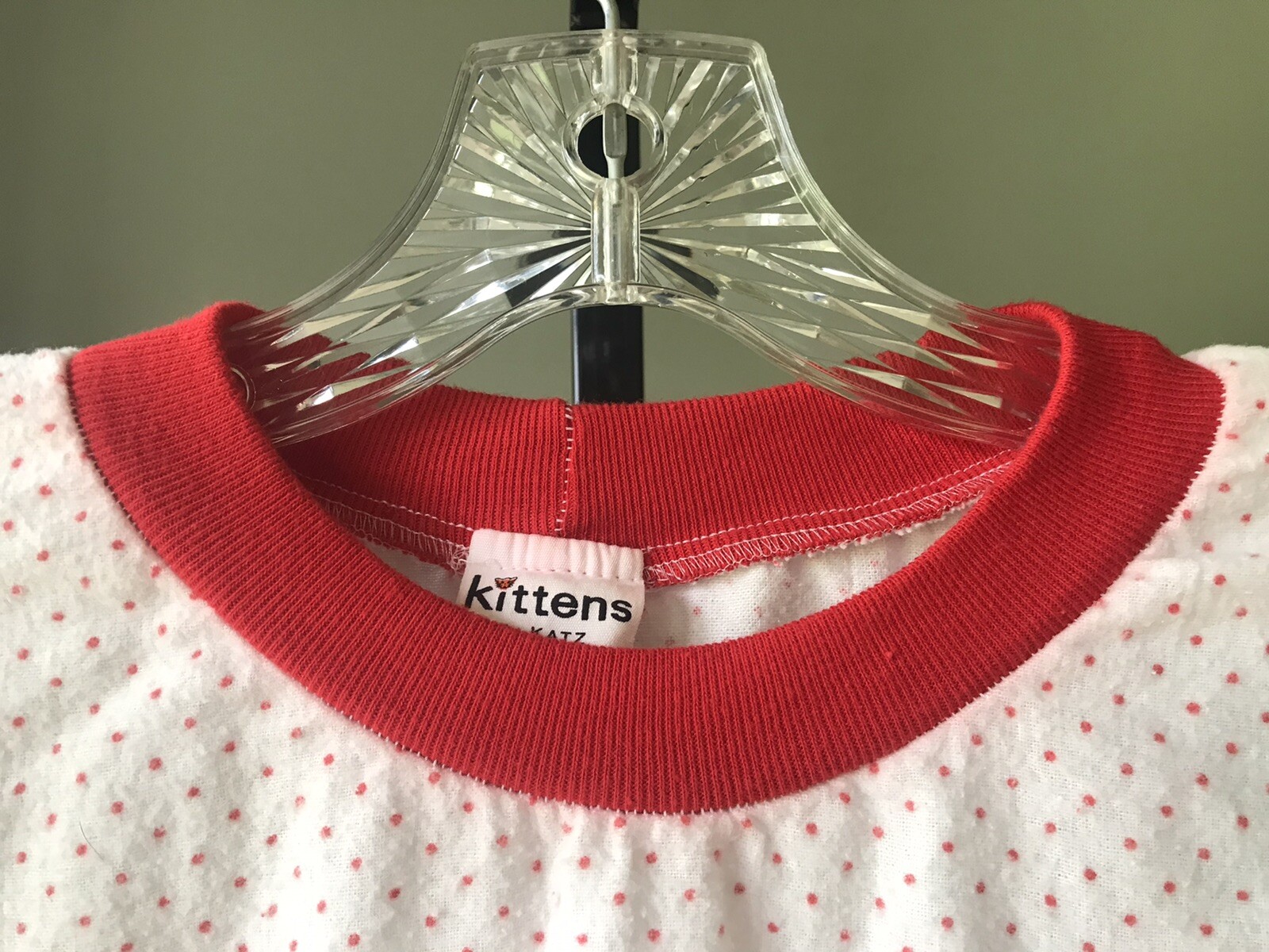 KITTENS BY KATZ LARGE OVERSIZED VTG NITE SHIRT RED POLKA DOTS TRIM CUFFS COLLAR