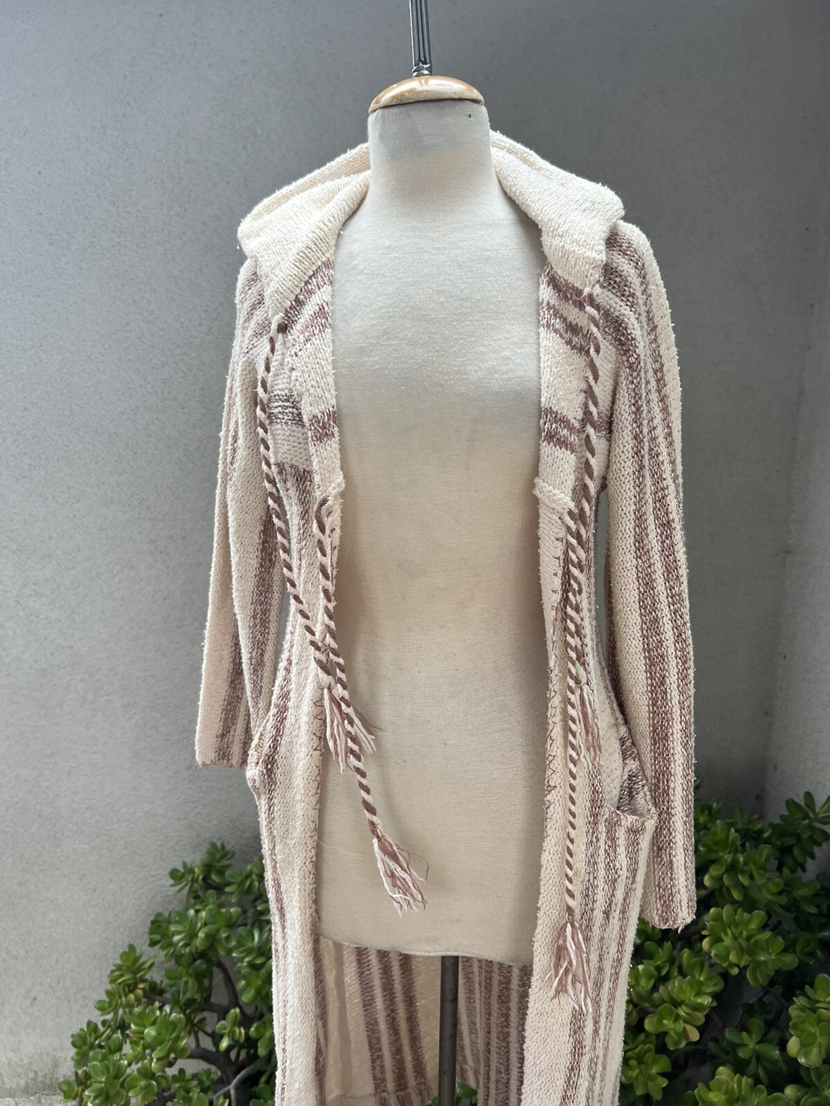 Vtg Boho Cardigan Long Duster Sweater S/XS Stripes Hood Pockets International