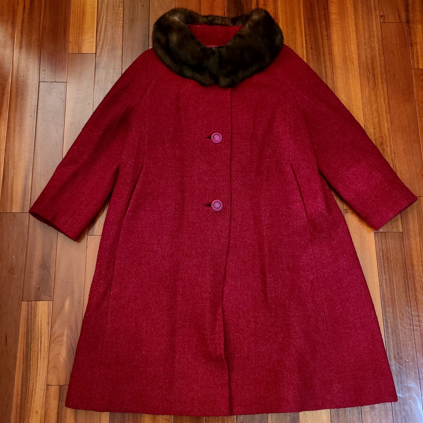 Vintage 50s Shagmoor Red/Burgundy Long Mink Fur Collar Coat Dress Jacket Women